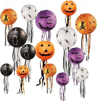15 PCS Halloween Pumpkin Paper Lantern Jack-O-Lantern with Whiskers, for Halloween Party Weddings Garden Bedroom Bar Indoor Outdoor Decoration, 3 Sizes