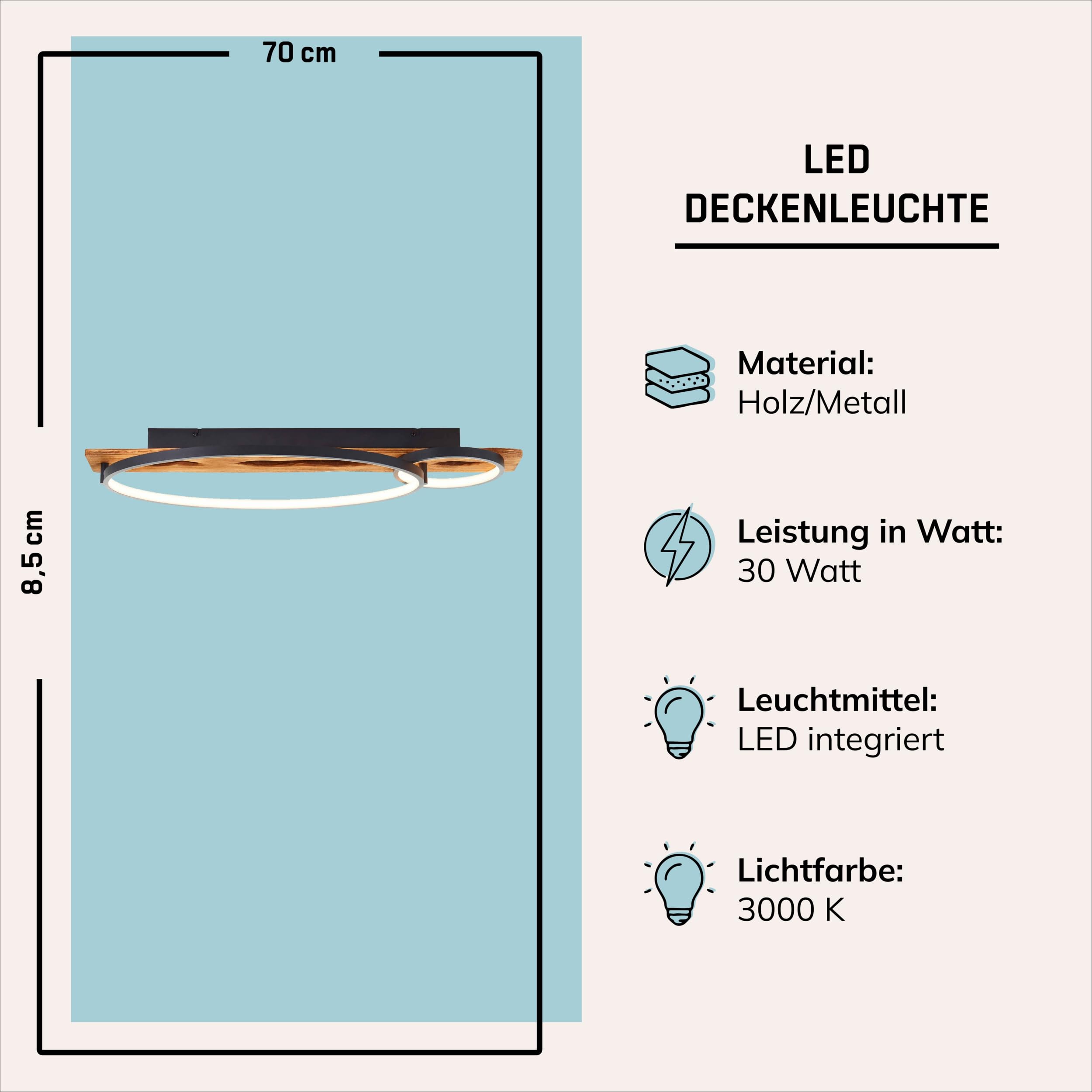 Lightbox moderna lampada da soffitto a LED in stile naturale - plafoniera con dimmer a 3 livelli e 2 anelli LED su trave di legno - 70 x 30 cm - 3300 lm, 3000 K - in legno di pino/metallo in