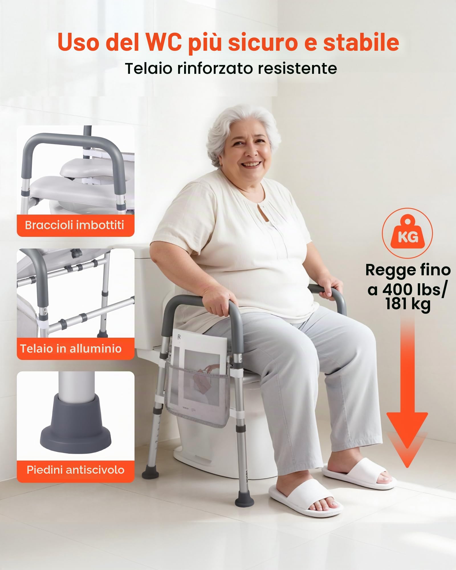 VEVOR Sedile WC Rialzato Universale per Anziani, Altezza e Larghezza Regolabili con Braccioli e Capacità di Carico di 181 kg e 4 Gambe, Sedile WC Rialzato da Bagno per Disabili, Donne Incinte