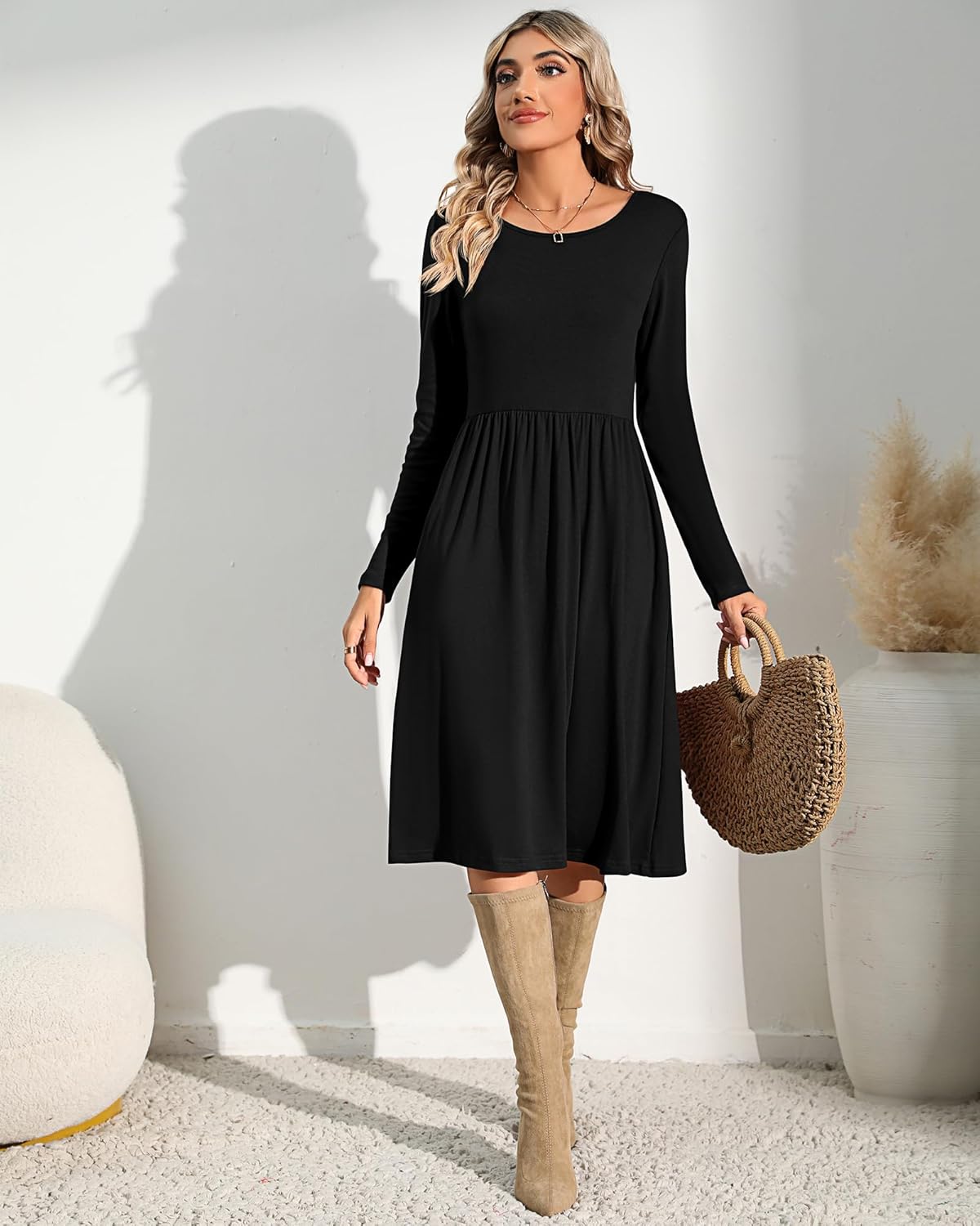 Riyiper 2 Pack Casual Dresses Women Fall Winter 2025, Long Sleeve Loose Fit Pleated Swing Dress with Pockets Knee Length - Image 3