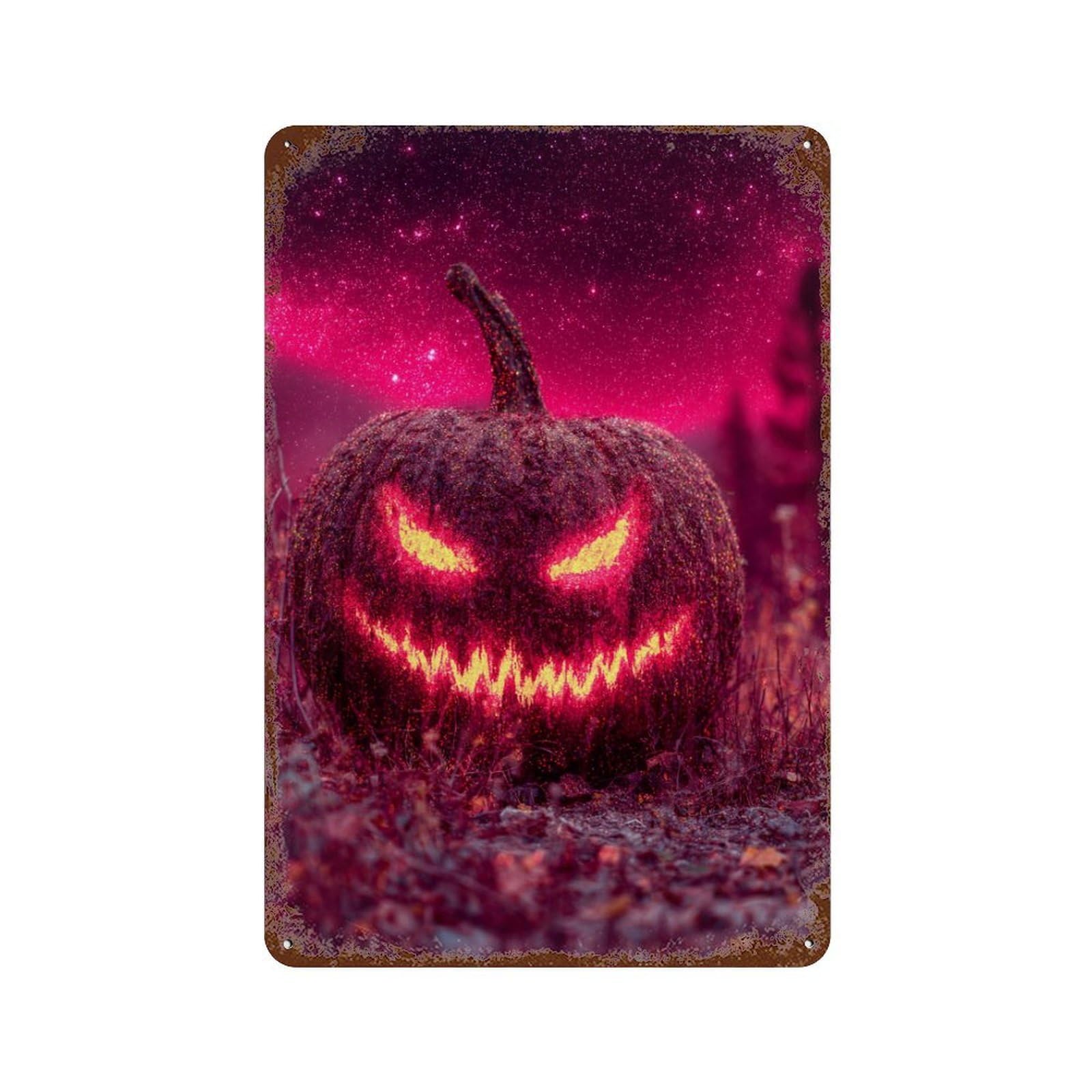 Spooky Glowing Pumpkin Rust Effect Tin Sign 11.8"x7.9", Vintage Wall Decor for Bistro, Counter And Cafe Decor