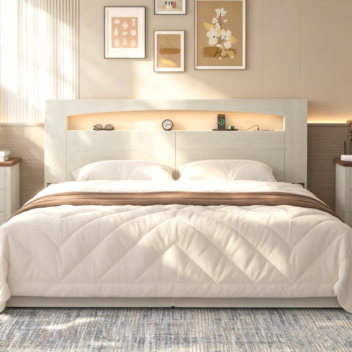 King Size Headboard Only Modern Sturdy Wooden Bed Backboard Wall Mounted Head Board, 3 Storage Zones, Unique Skirting Groove, High Load Capacity with Solid Wood Leg(Off-White, King)