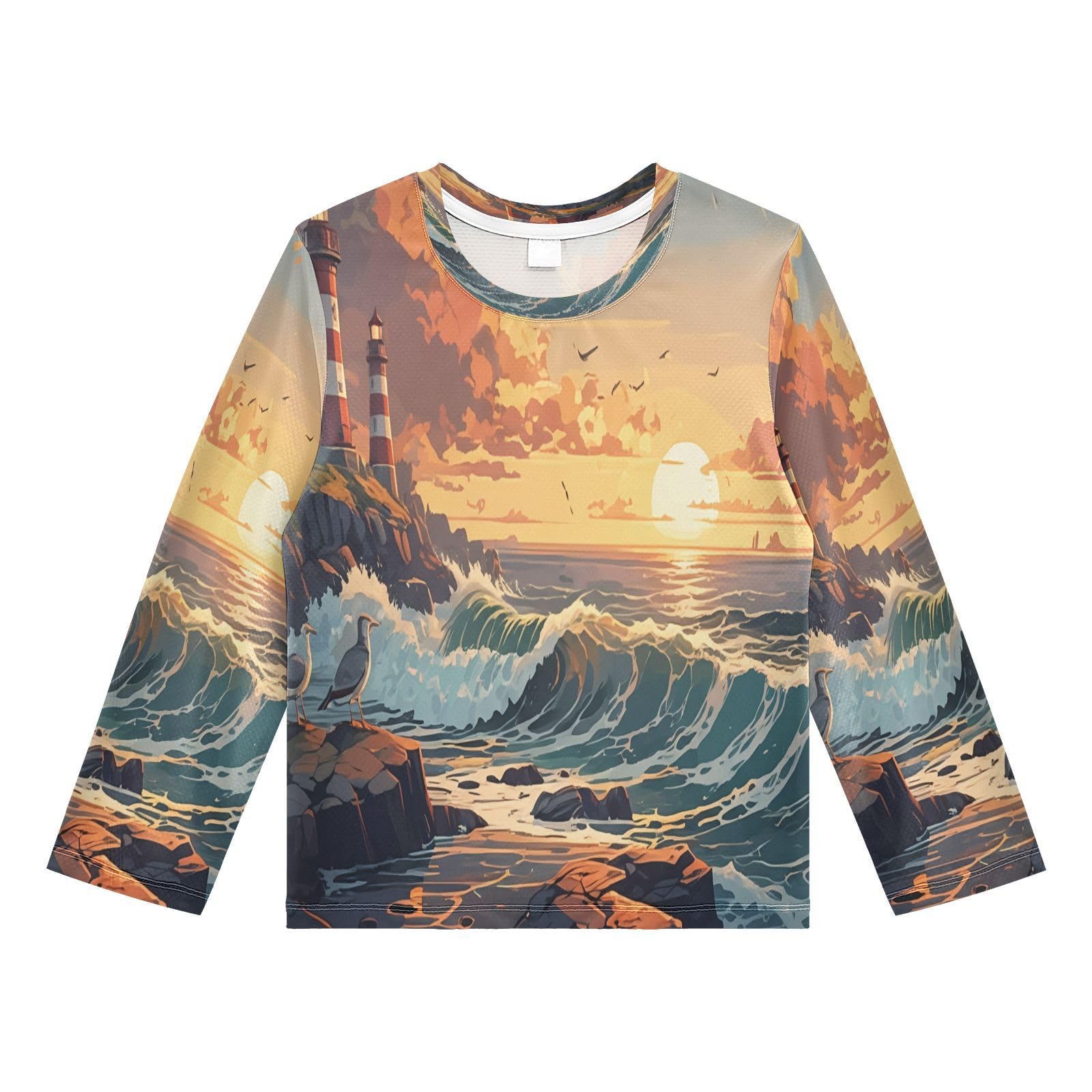Lighthouse Ocean Wave Golden Boy's Rash Guard Swim Shirt Long Sleeve Sun Shirt for Kids Toddler UPF50+ 4T