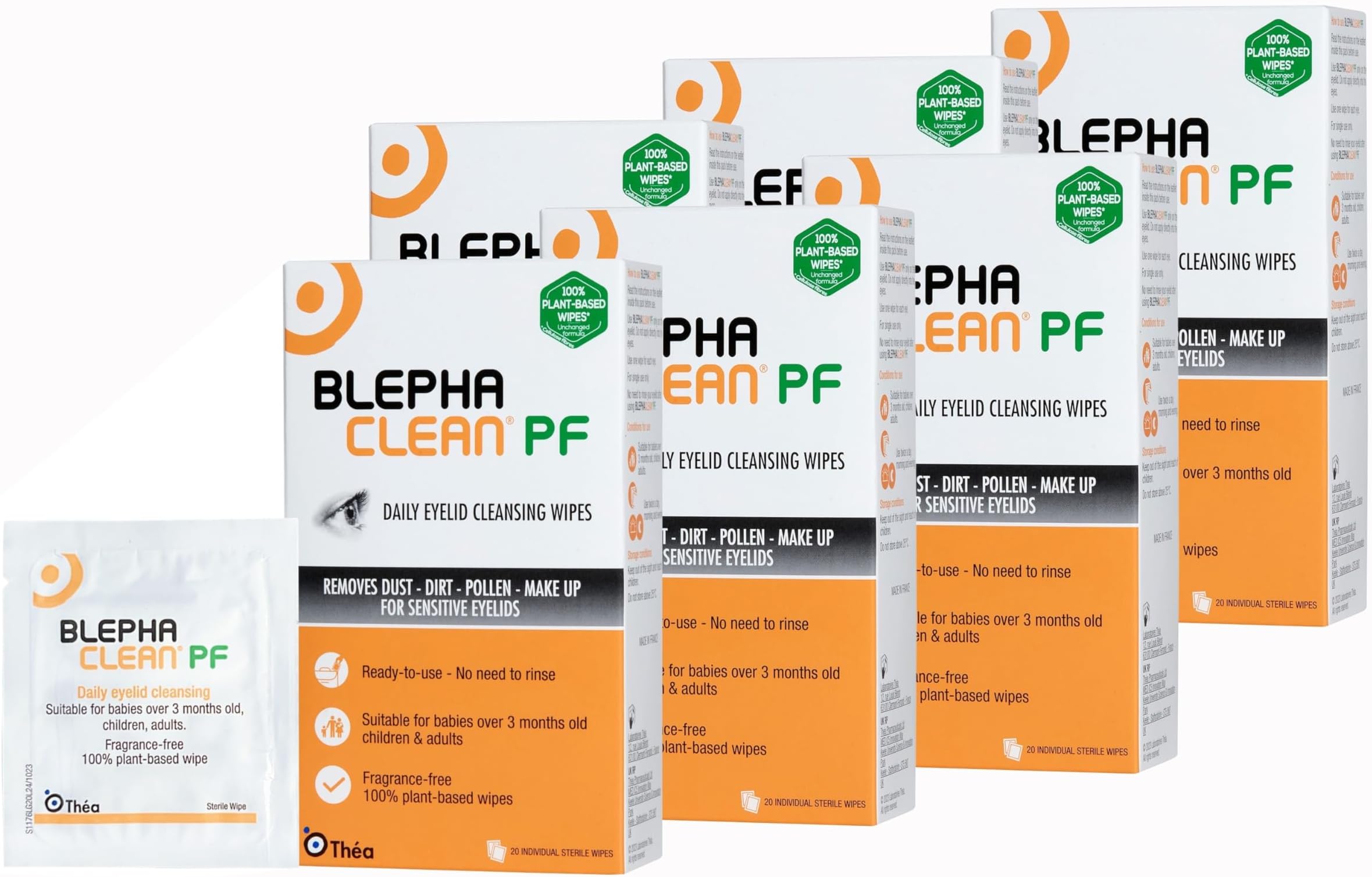 Blephaclean PF Daily Eyelid Wipes x 120 - Gentle Cleansing for The eyelids and Skin Around The Eyes | Suitable for Babies (Over 3 Months Old), Children & Adults |Sterile Plastic-Free Wipes x 6 Packs
