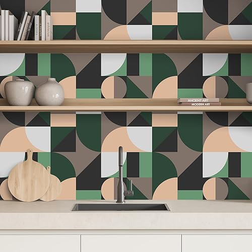 Miniatura 7 de VEELIKE Papel tapiz geométrico abstracto para despegar y pegar, color verde y negro, papel tapiz geométrico para baño, 17.7 x 354 pulgadas,