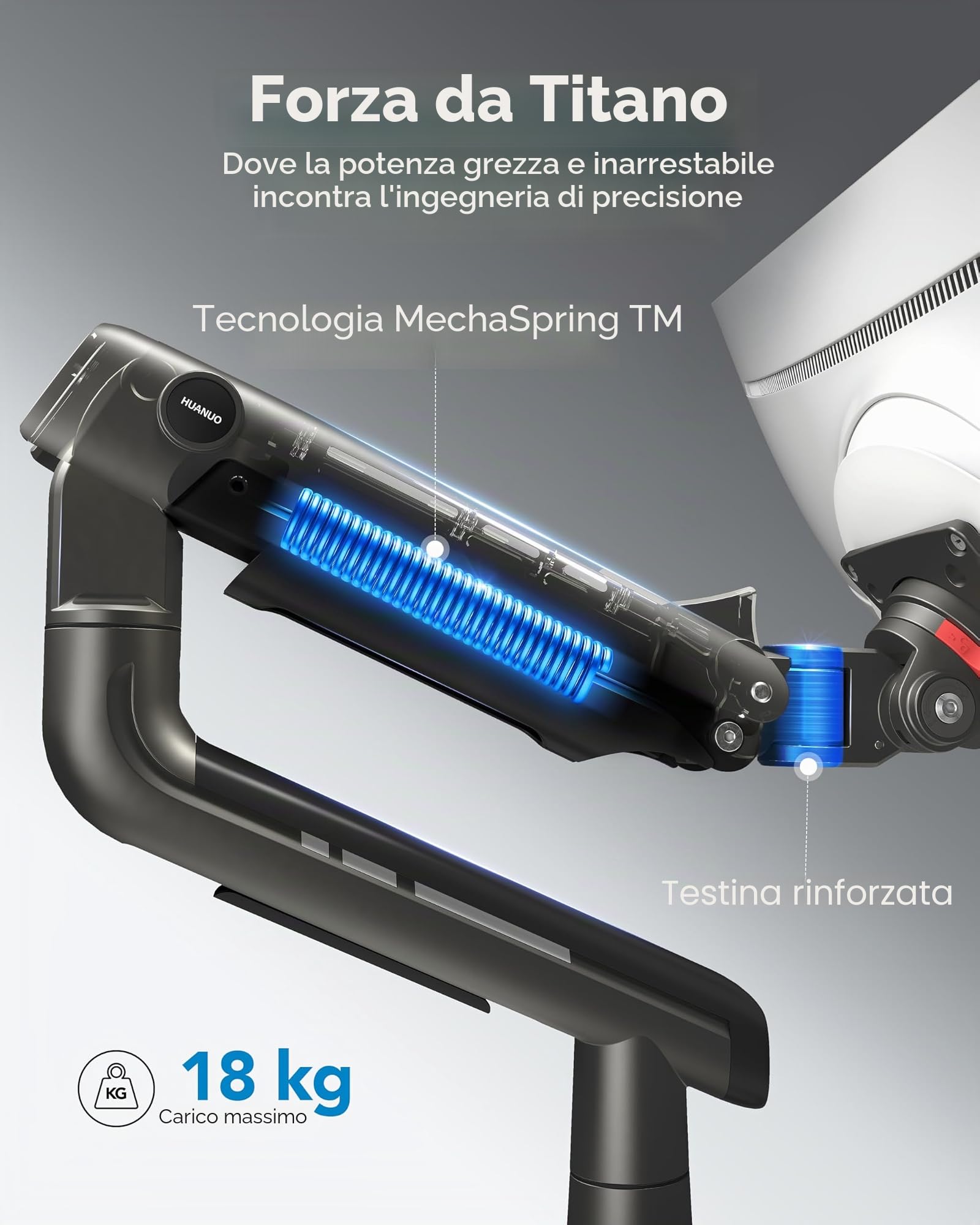 HUANUO Braccio monitor pesanti di schermi ultralarghi fino a 49", con 18kg, supporto scrivania schermi ultralarghi alluminio, supporto monitor regolabile C-pinza, base grommet, max VESA 100x100mm