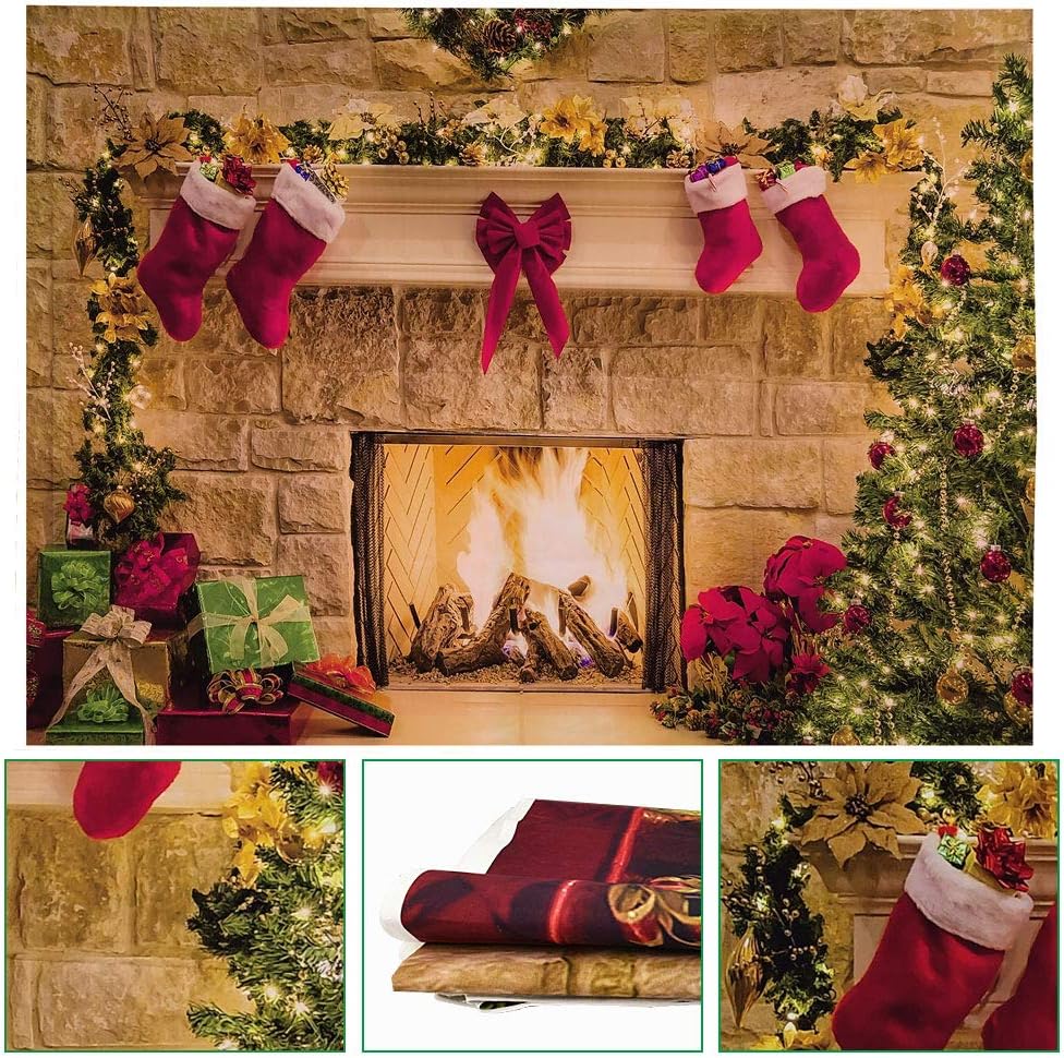 Fond Photo Noël, Décoration Cheminée, Toile De Fond Accessoires, Thème Festif, Cerf Étoile Arbre Père Noël Cadeau Fête - 150X150cm