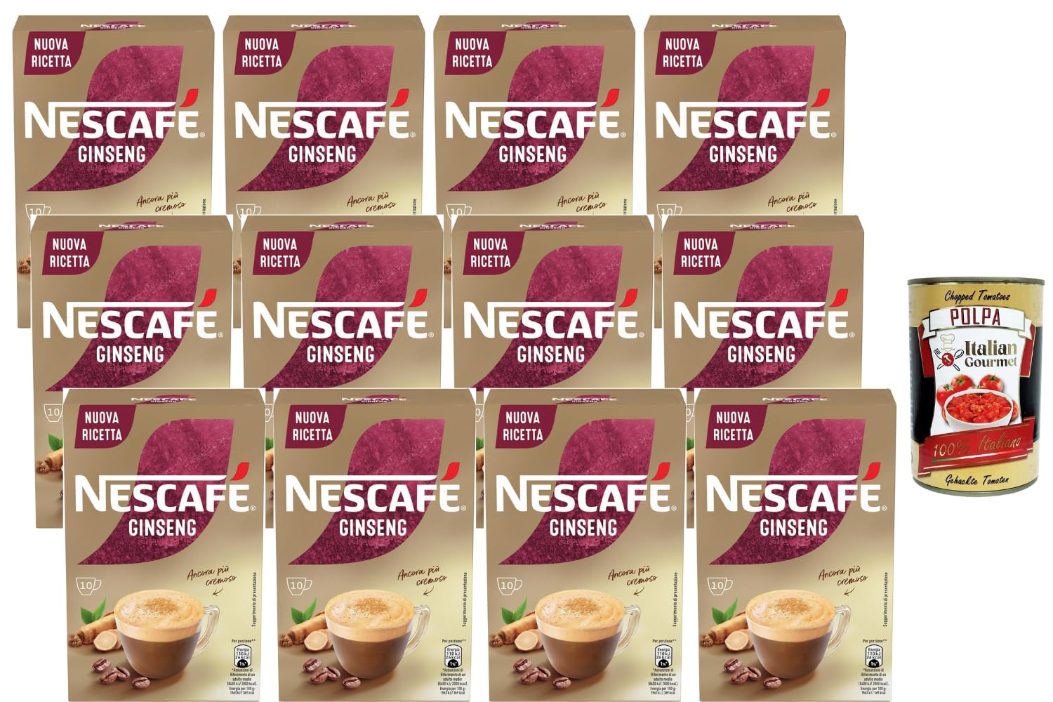 Italian Gourmet Bundle Ginseng Kaffeegetränk 12x 70g + Italian Gourmet Polpa Gratis – Cremiges Instant-Getränk mit Ginseng, 120 Portionsbeutel à 7g, Kaffee-Spezialität für Zuhause, Büro & Vorrat 840g