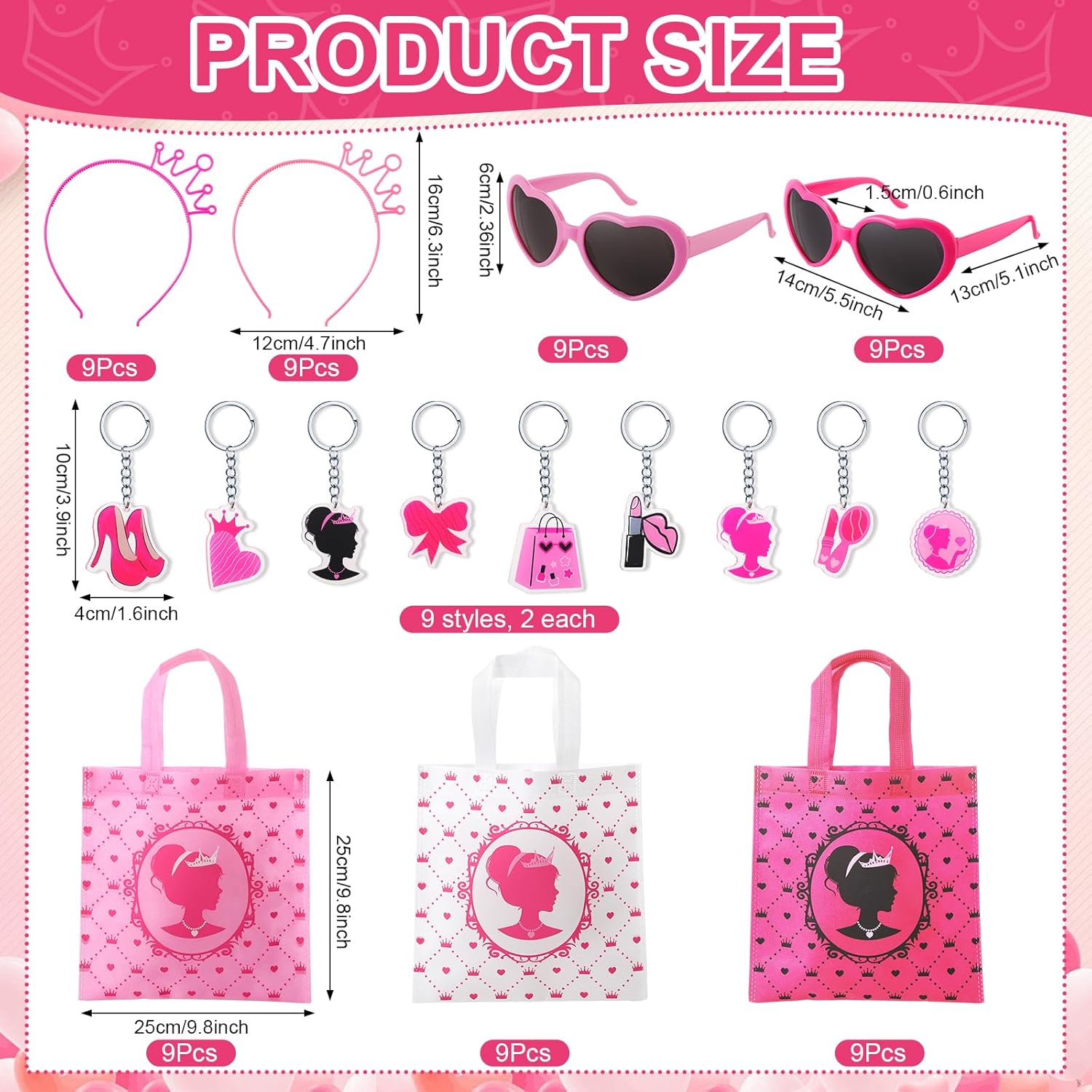 72 Pcs Pink Girl Party Favors Kit Hot Pink Princess Party Supplies 18 Girls Treat Candy Goodie Bags with Handle 18 Heart Sunglasses 18 Crown Headband 18 Acrylic Keychain