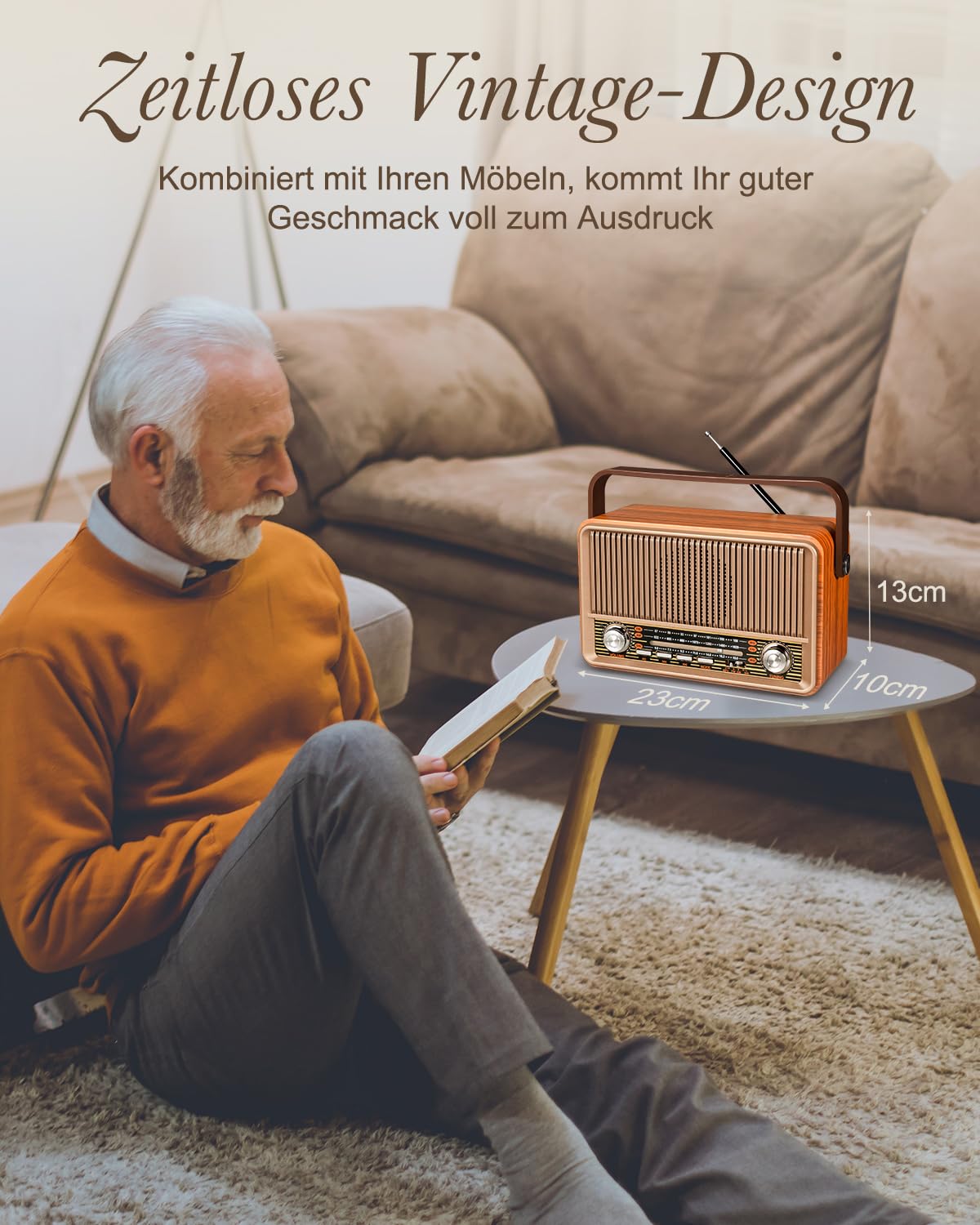 PRUNUS J-120 AM/FM/SW Retro Radio Klein, Kofferradio mit 1800mAh Akku, oder AC-Strom, Küchenradio Nostalgie Radio mit Bluetooth, Unterstützt USB/TF/AUX Funktion, Einfaches Radios für Senioren.