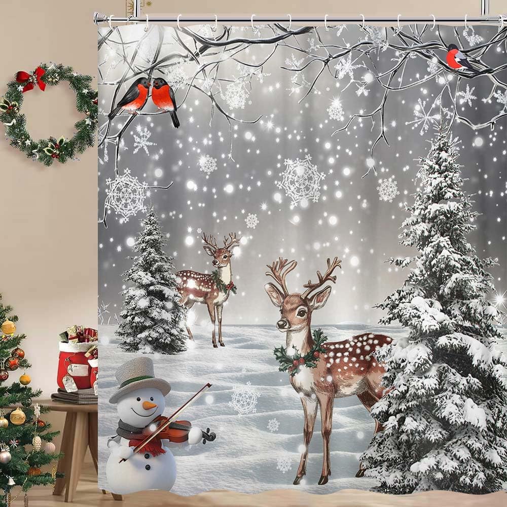 Christmas Deer Shower Curtains for Bathroom, Snowny Winter Grey Gray Christmas Birds Xmas Holiday Bathroom Accessories, Snowflake Gray Fabric Shower Curtain Sets with Hooks, 72x72 inch