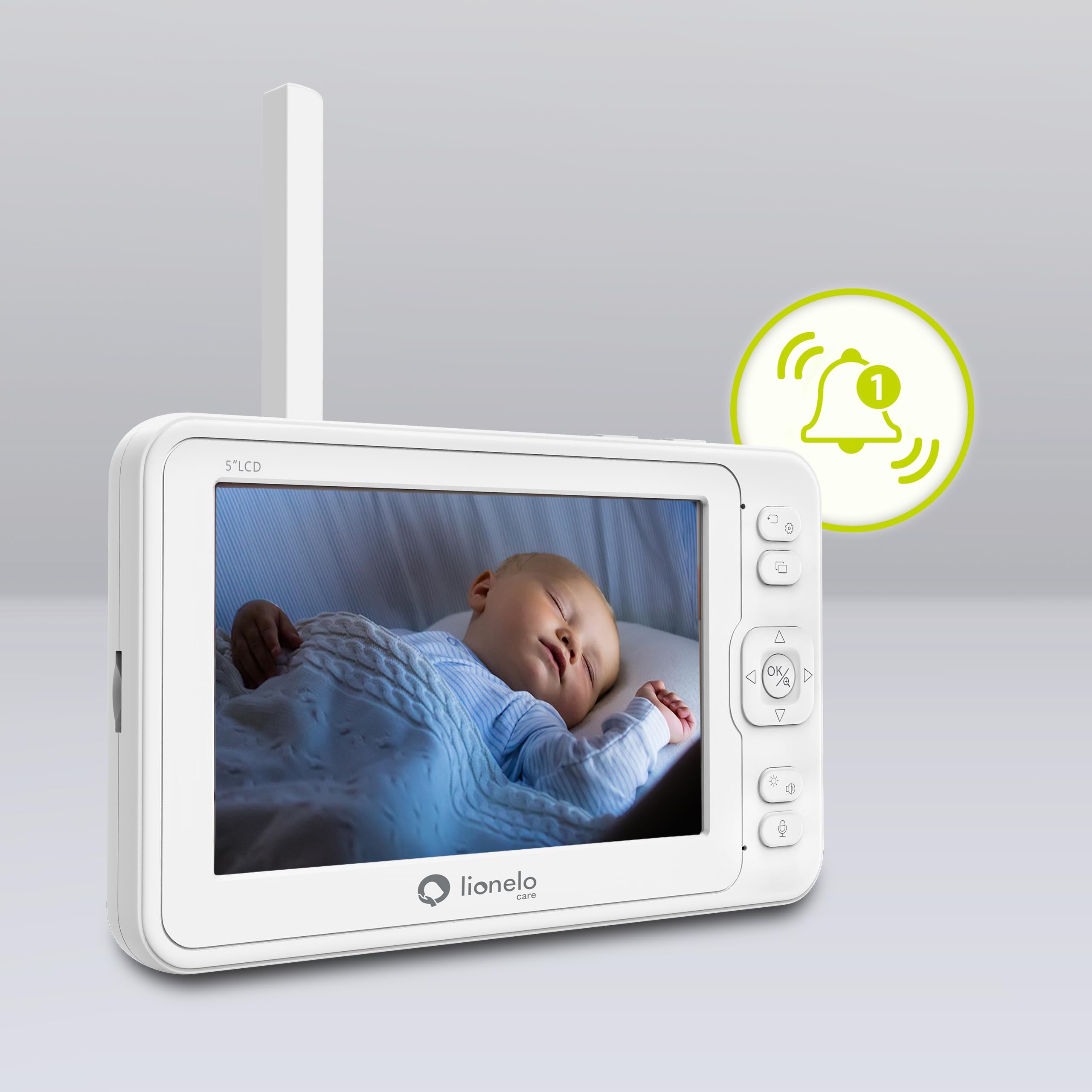 Lionelo Babyline 8.3 Elektronisches Babyphone mit Full HD 360° Kamera | 5" Bildschirm 200m Reichweite Zwei-Wege-Kommunikation Schlaflieder Geräusche 8h Akku Nachtmodus Temperatursensor VOX-Funktion
