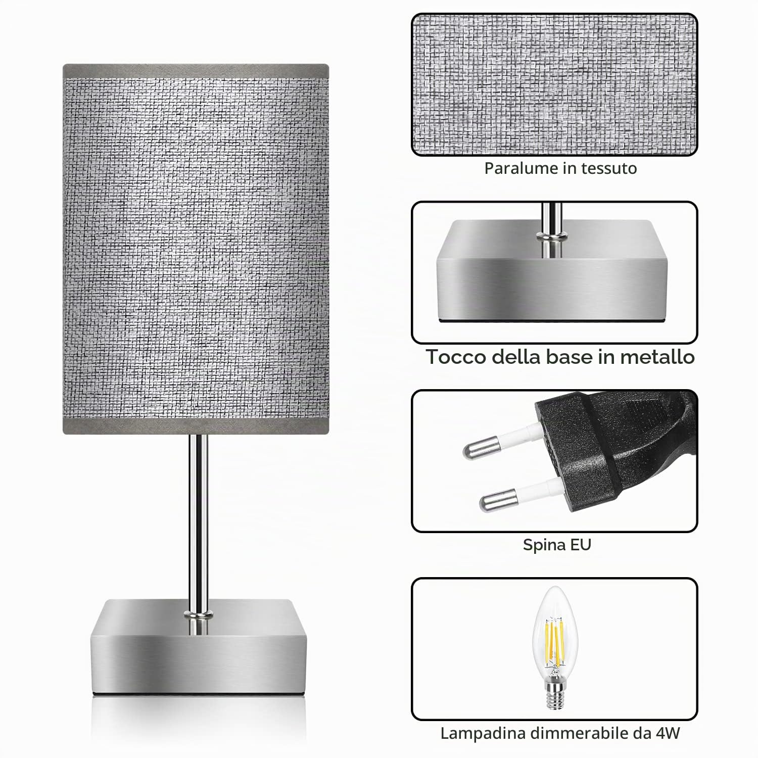 set di 2 lampade da comodino con funzione touch dimmerabile, 3 livelli di luminosità regolabili, Lampada da Tavolo per Camera da Letto Soggiorno