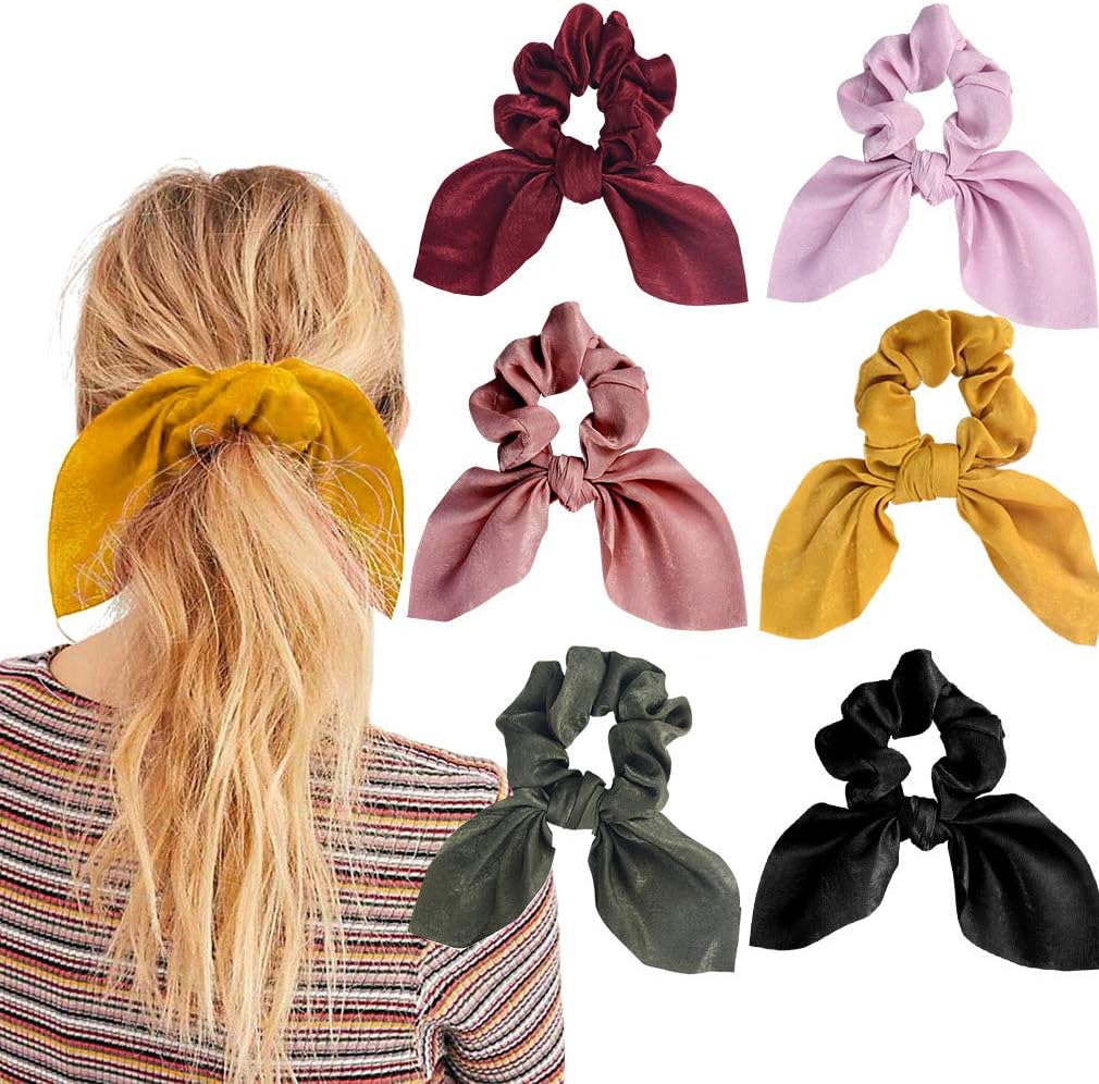 Aileam (01 Classic color) - 6PCS Hair Scrunchies Satin Slik Rabbit Bunny Ear Bow Bowknot Scrunchie Bobbles Elastic Hair Ties Bands Ponytail Holder for Women Accessories