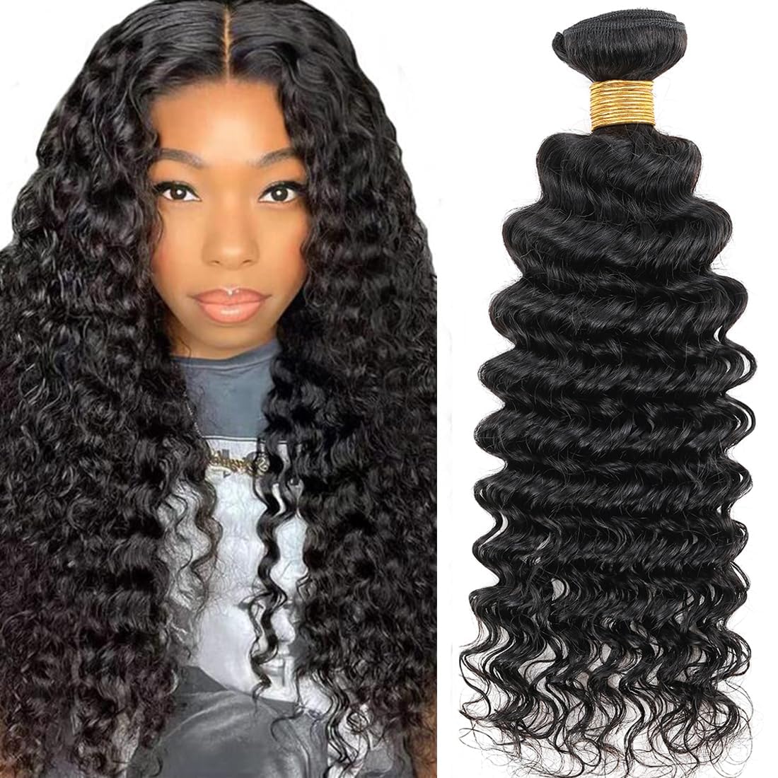 Human Hair Bundles Brazilian Deep Wave Human Hair One Bundle 14inch 100% Unprocessed Virgin Hair Bundles Weaves Deep Wave Bundles for Black Woman