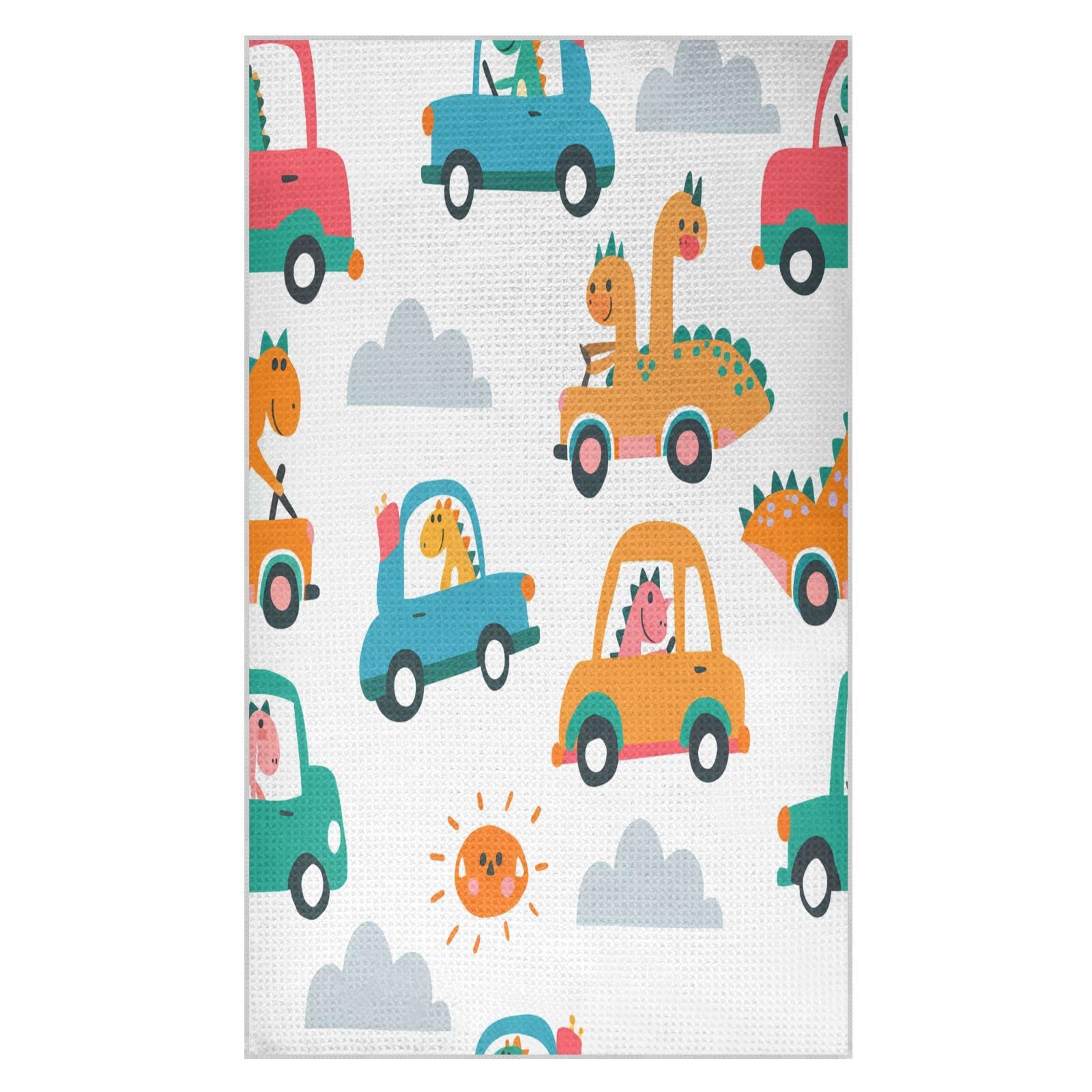 BURSTDDY Cartoon Dinosaurs and Cars Kitchen Towels,Absorbent Dish Towels 1 Pack