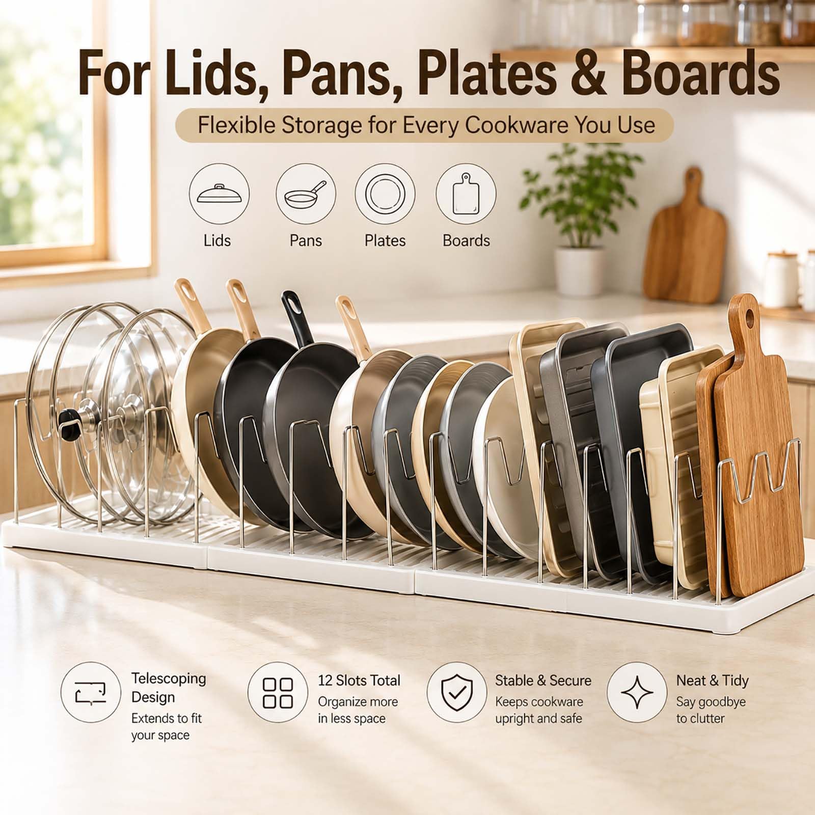 Organizer Coperchi Padelle Portapentole 45-80 cm 12 Scomparti