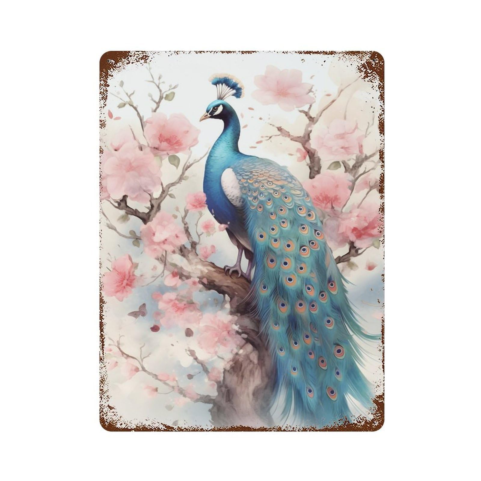 Garage Style Peacock Watercolor Weathered Tin Sign 15.7"x11.8", Classic Wall Plaque for Bar And Workshop