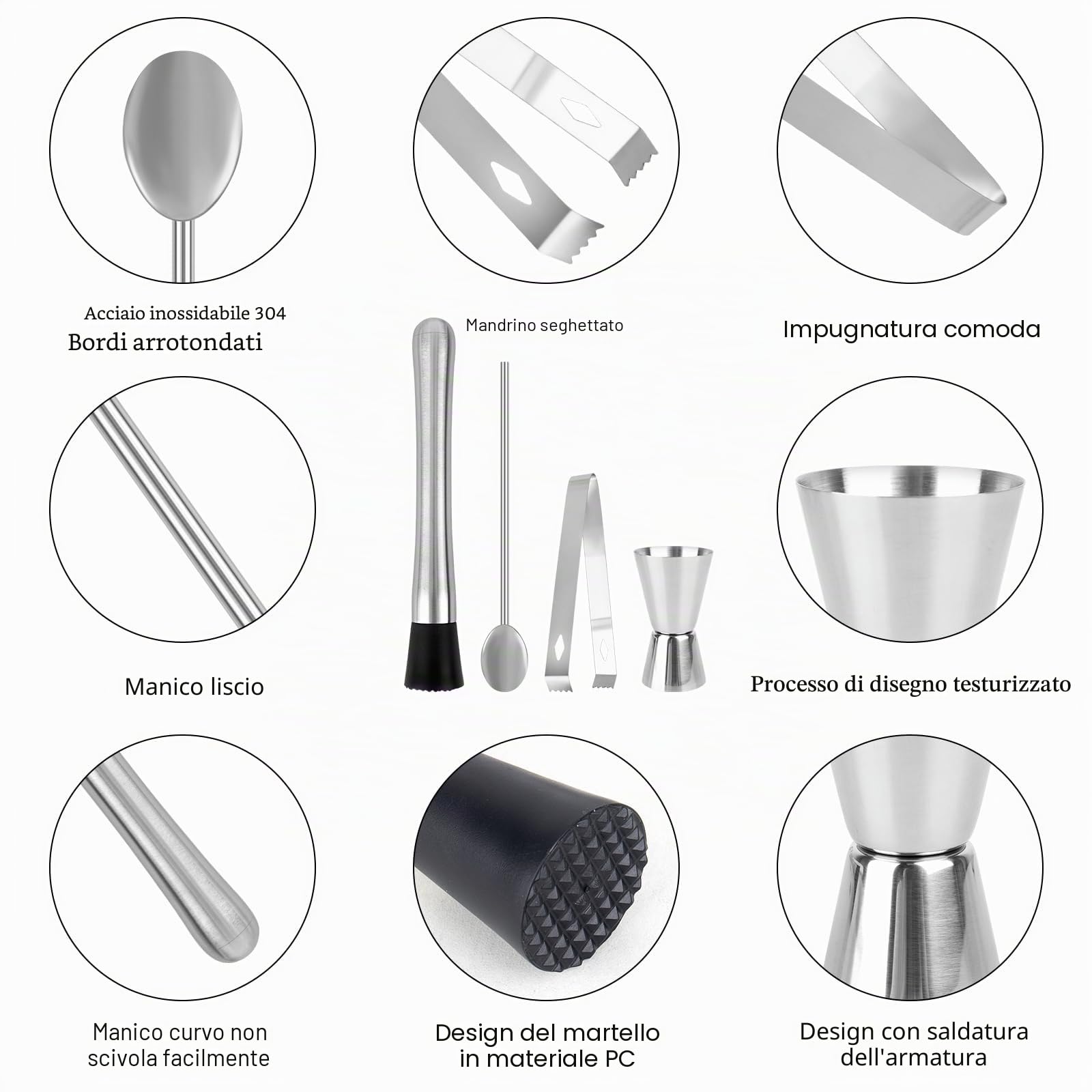 Pestello per cocktail in acciaio inossidabile con cucchiaio da cocktail, set di accessori da bar, pestello per mojito, trita ghiaccio, pestello da cocktail, shaker con bicchiere dosatore