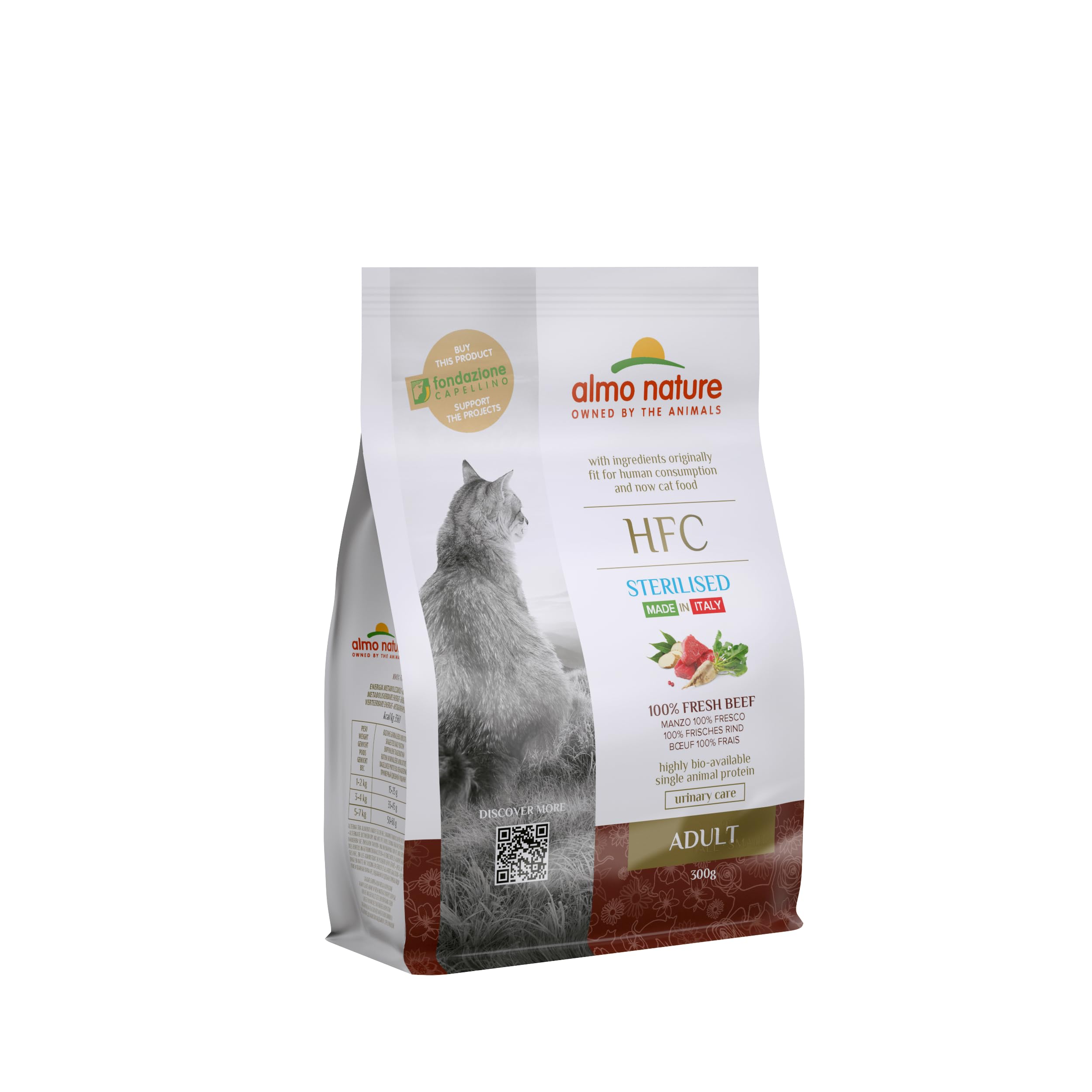 Almo Nature HFC Sterilised - Complete Dry Cat Food for Adult Cats - Beef - Human-Grade, Fresh Meat, Monoproteic Kibbles - 300g (Pack of 1)