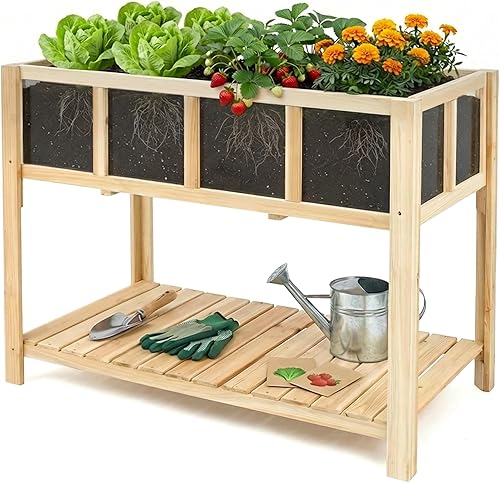 Miniatura 10 de Cama de jardín elevada para exteriores con ruedas con cerradura, maceta elevada de madera de 55 x 24 x 33 pulgadas para patio trasero, balcón,