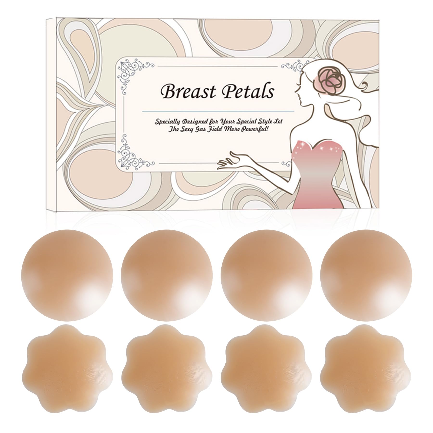 MUQU Nipple Covers Breast - No Show Pasties Reusable Women Sticky Seamless Silicone Breast Covers 4 Pairs Petals