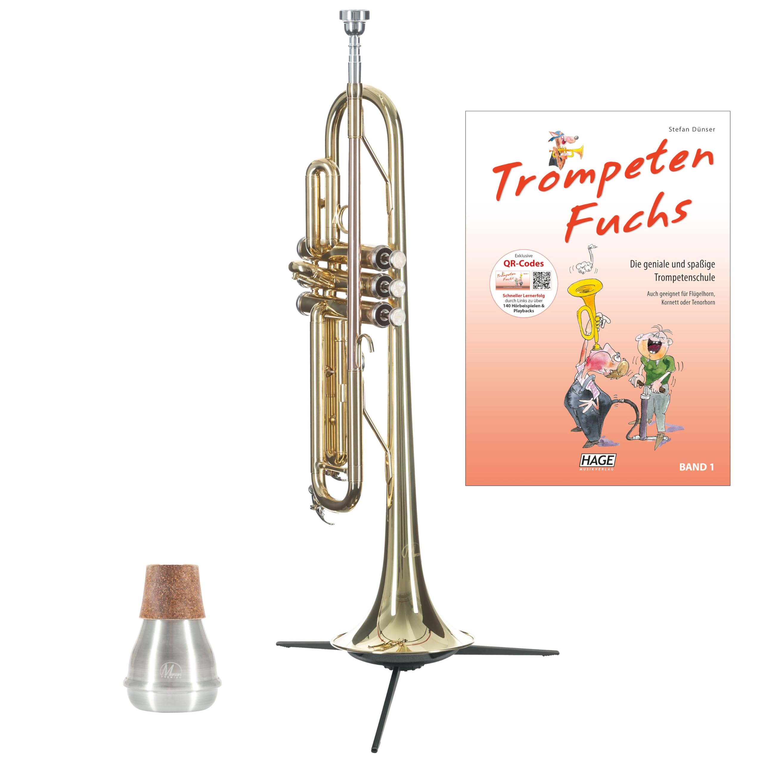 Monzani MZTR-113A Bb-Trompete Set, inklusive Ständer, Dämpfer, Schulwerk, Goldlack lackiert, Bb Stimmung, Messing Schallbecher, Edelstahl Ventile, Koffer mit Rucksackvorrichtung