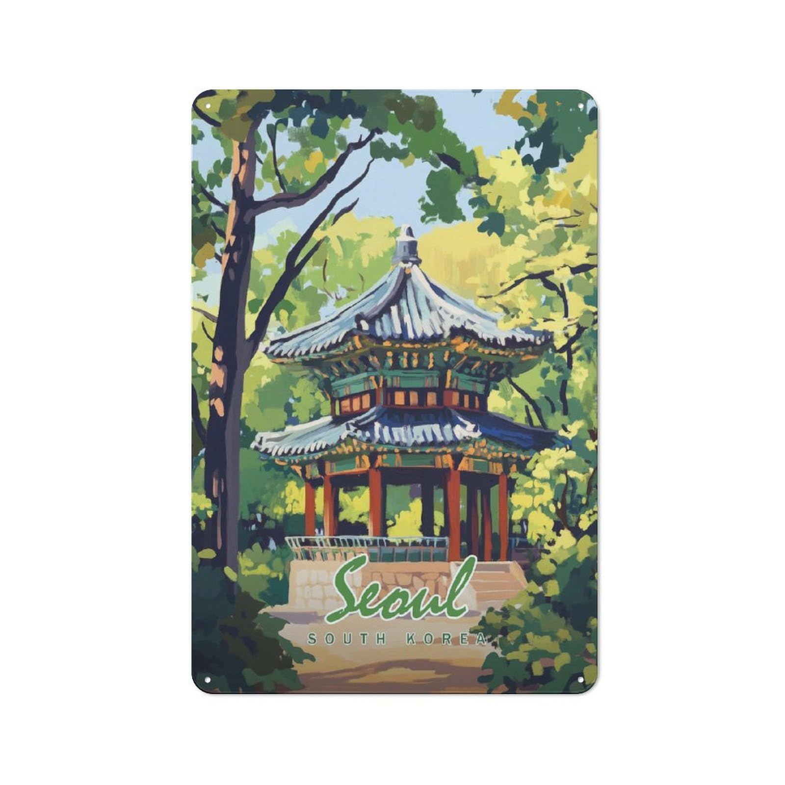 Junmoney Style-11 Metal Wall Sign 30X20cm Featuring Seoul Pagoda Illustration For Hallway Wall, For Hallway Decor Lovers, For Retro Home Interiors