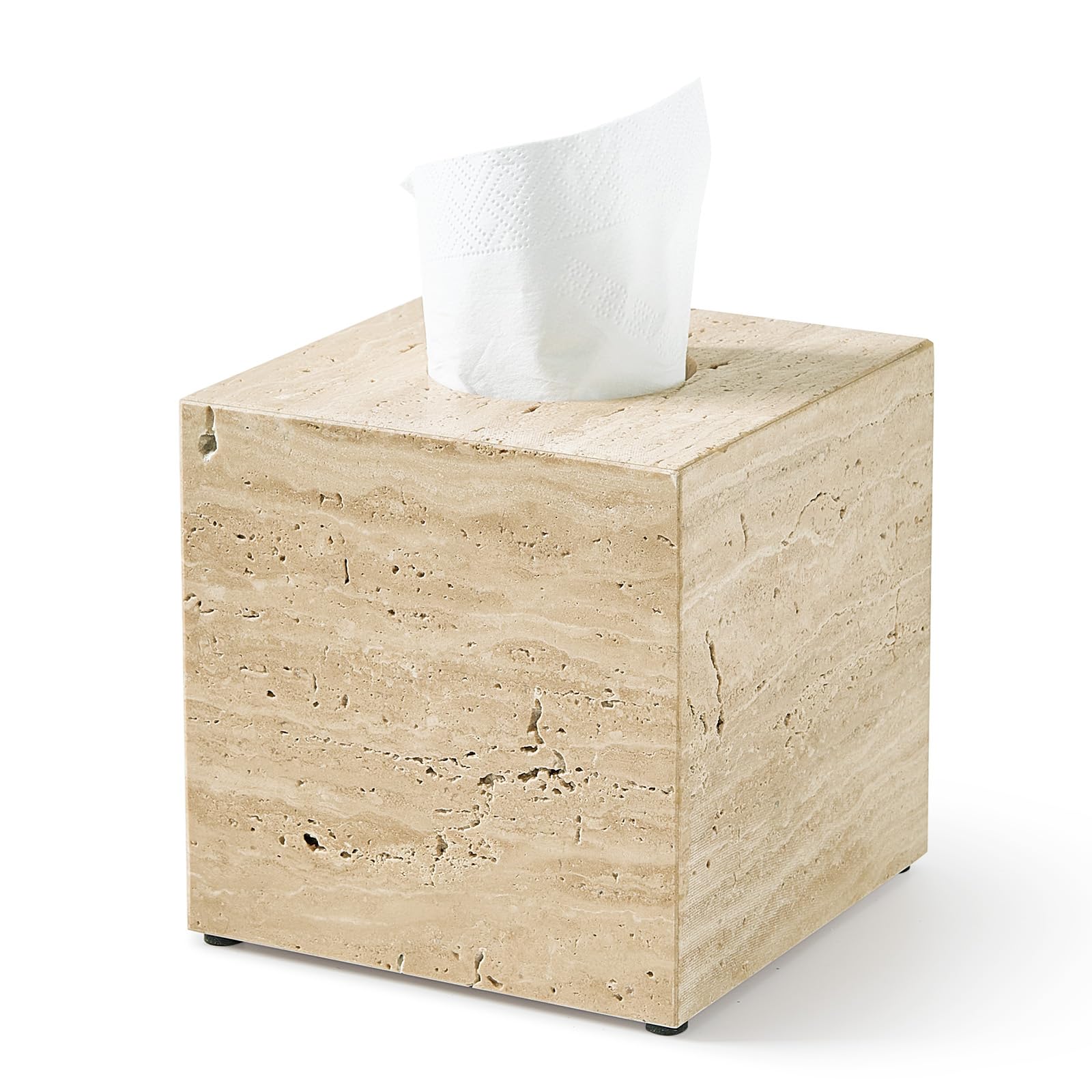 Real Natural Travertine Tissue Box Cover, 5.5in Square Holder | Solid marble stone, polished. Open-bottom fits most tissue boxes. Heavy, non-slip feet. Bathroom vanity counter decor.