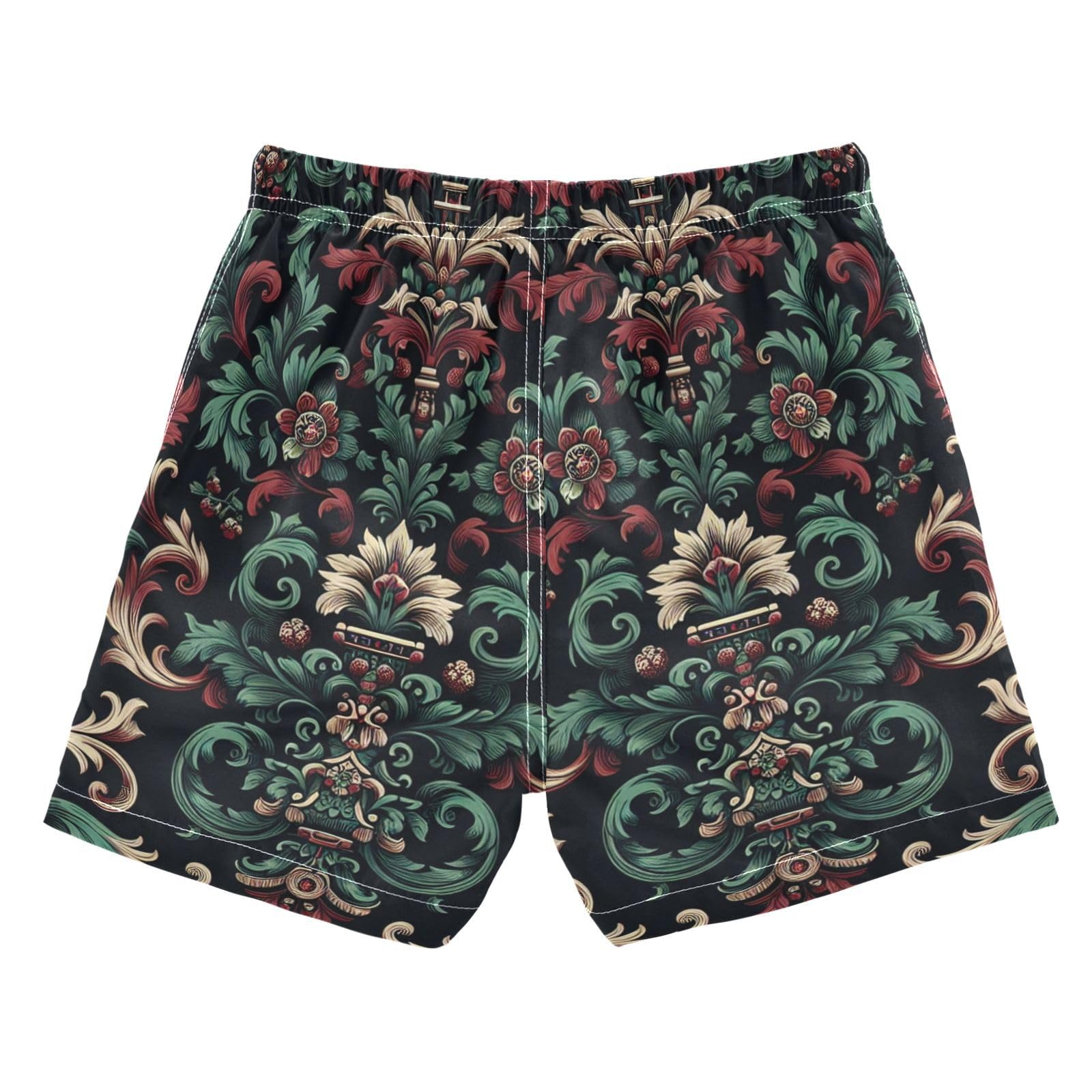 FLildon Red Black Baroque Floral Little Boys Swim Trunks with Mesh Lining Quick Dry Beach Board Shorts, 3T