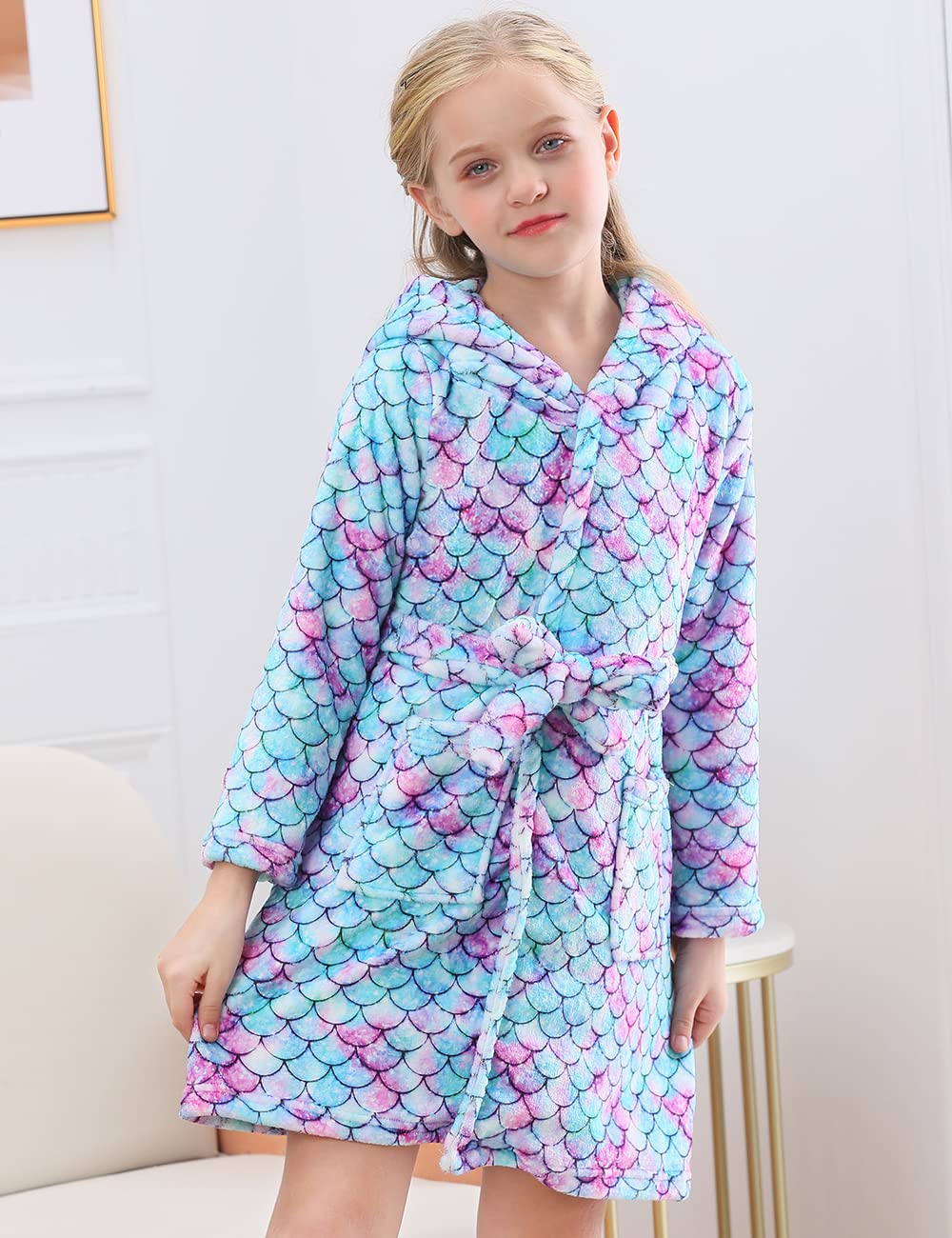 Girls Swim Robe Girls Mermaid Hooded Flannel Bathrobe For Ages 4-14 Years Girls Mermaid ...