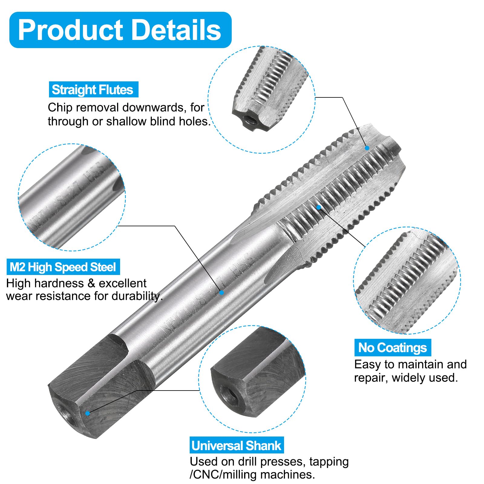 Set di maschi e punte da trapano, 1 maschio per filettatura a scanalatura dritta da 1/8-27 NPT e 1 punta elicoidale da 8,3 mm, kit di utensili per filettatura HSS-6542 non rivestiti/rivestiti in ti