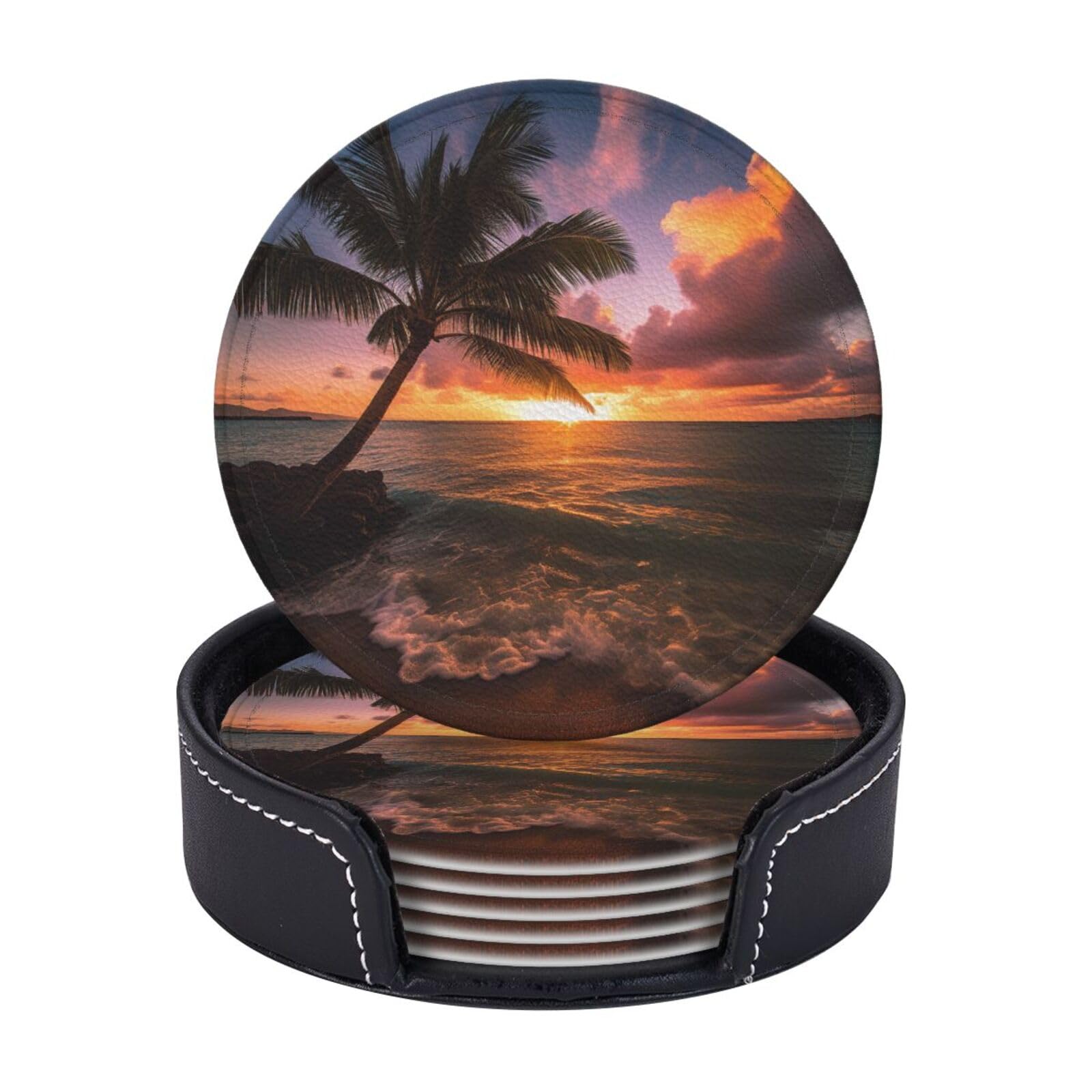 6PCS Drink Coasters with Holder, 4" Leather Coasters for Drinks, Palm Tree Sunset Beach Cup Coasters for Coffee Table Decor, Non-Slip Drinking Cup Mat for Hot or Cold Drink