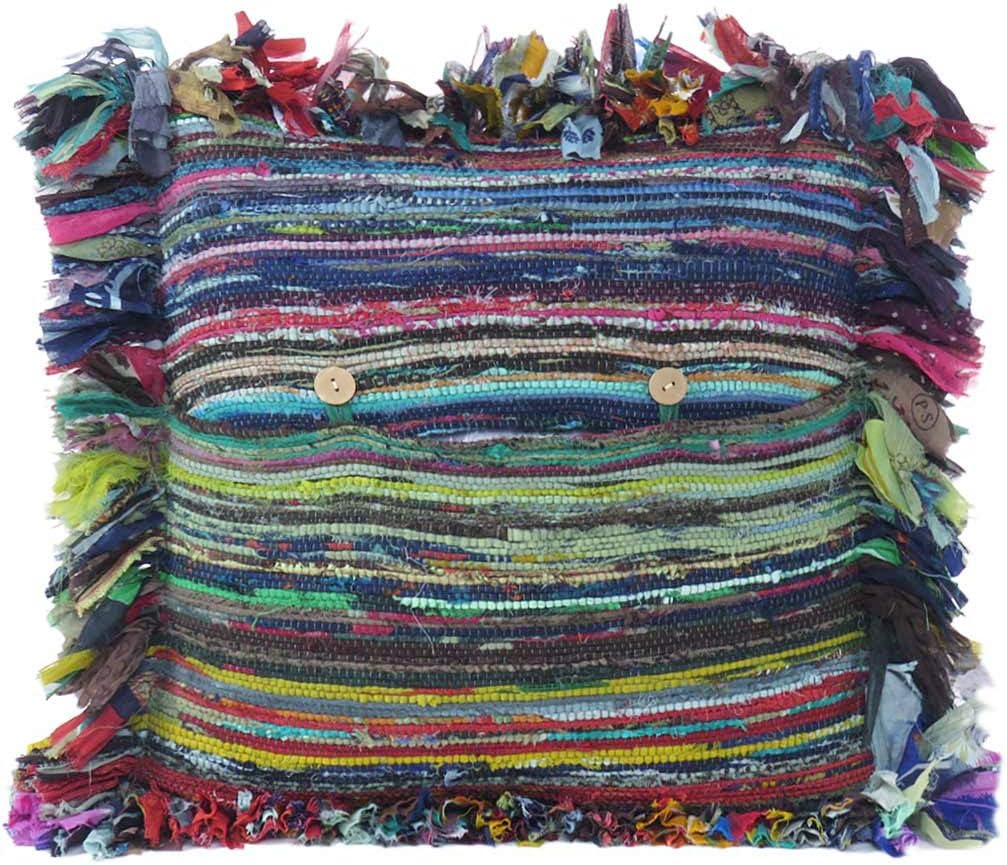 Eyes of India Colorful Chindi Boho Throw Pillow Cover, Decorative Rag Rug Bohemian Handmade Cushion Case for Couch Sofa Bed Living Room (Green, 20" X 20")