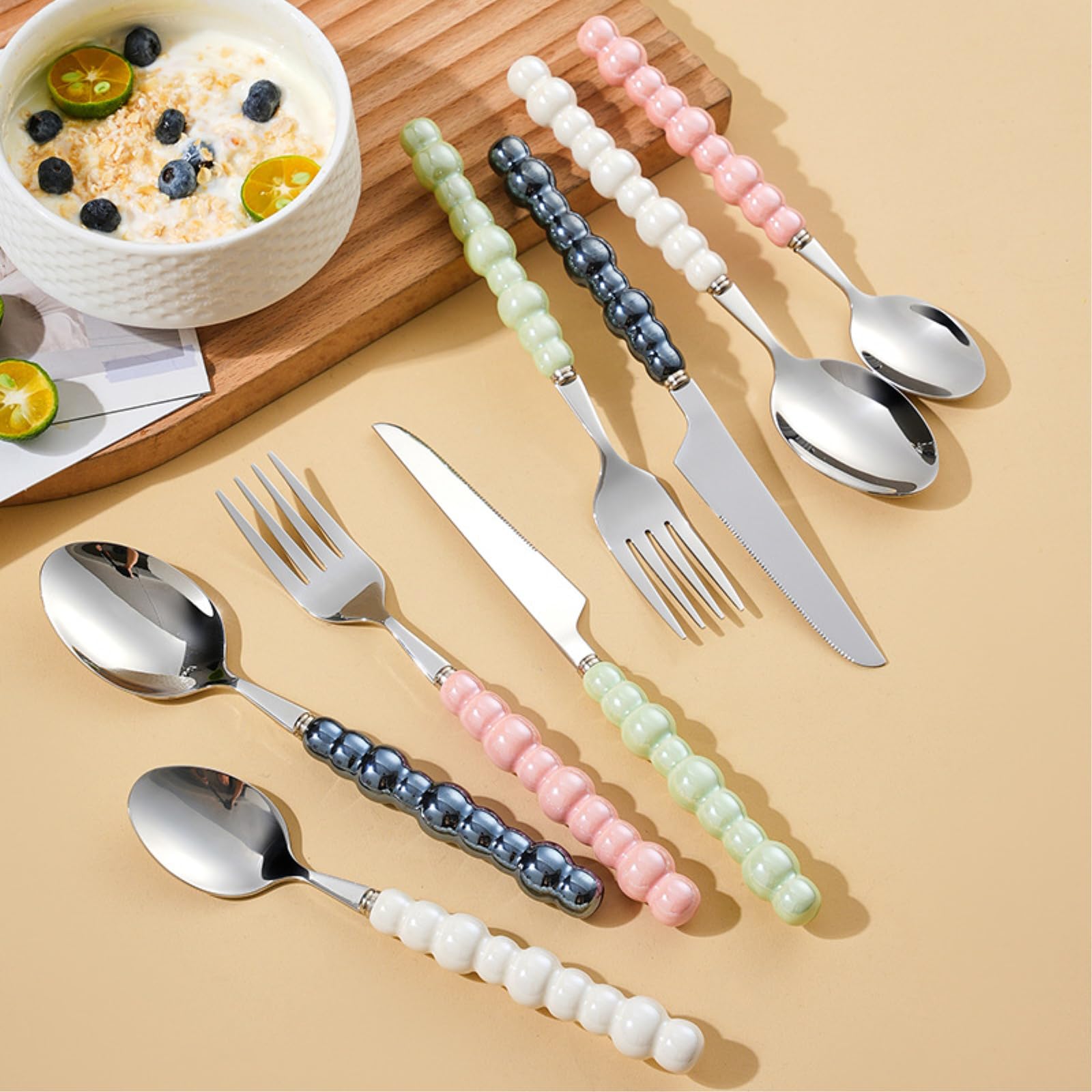 Keramik-Besteck aus Edelstahl mit Perlenglasur, schönes Geschirr, rosa Perle, 4-teiliges Set Home & Kitchen