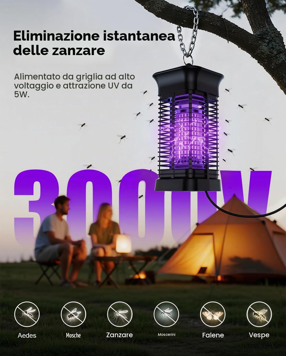 Lampada Antizanzare Elettrica UV Uccisione Mosca Elettrico Da Interno ed Esterno Repellente Efficace Portata 100 m² per repellente zanzare, Mites, mosche, insetti
