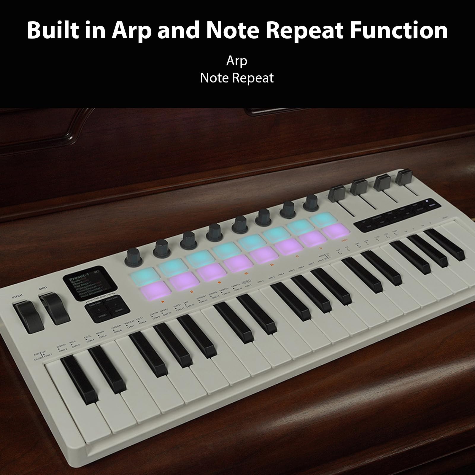 Btuty Controlador de teclado MIDI de 37 teclas, controlador de producción de música, teclado de piano MIDI con 16 almohadillas de batería RGB, 8 perillas, 4 atenuadores, motor sintetizador para