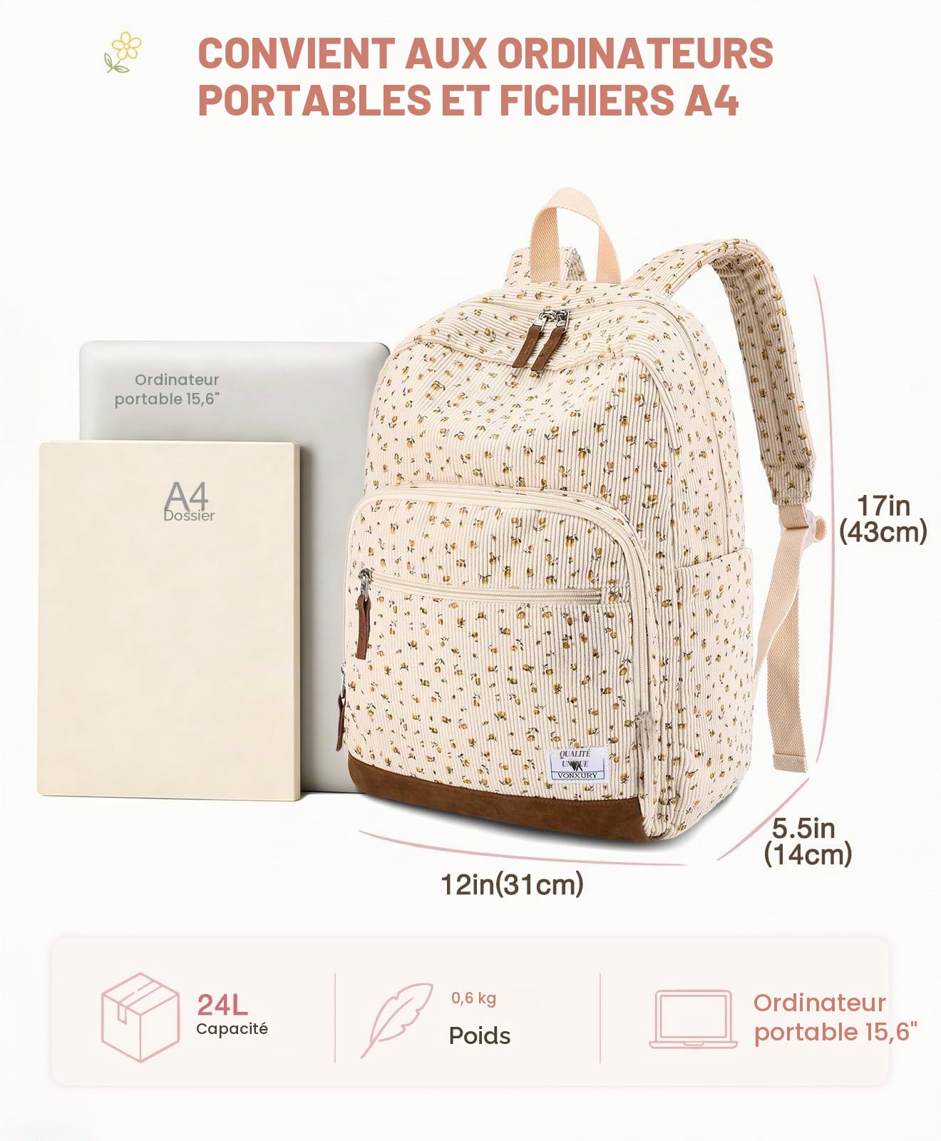 VX VONXURY Sac à dos d'école pour adolescents, Sac à dos léger en velours côtelé pour enfants Décontracté pour Hommes Femmes Collège Voyage