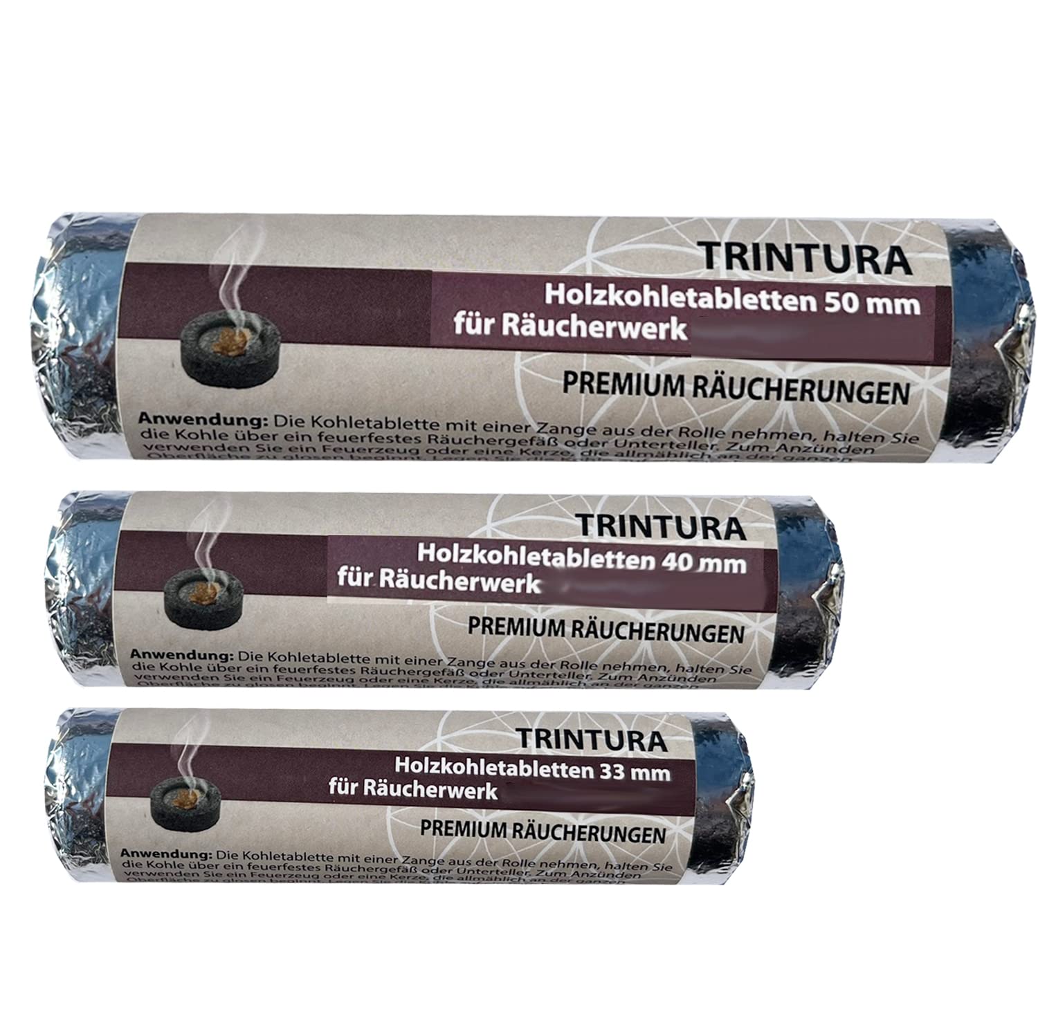 Incense Charcoal Tablets for Smoker Pan and Incense Burner (Set of 3, 33 mm, 40 mm, 50 mm, 1 pack each)