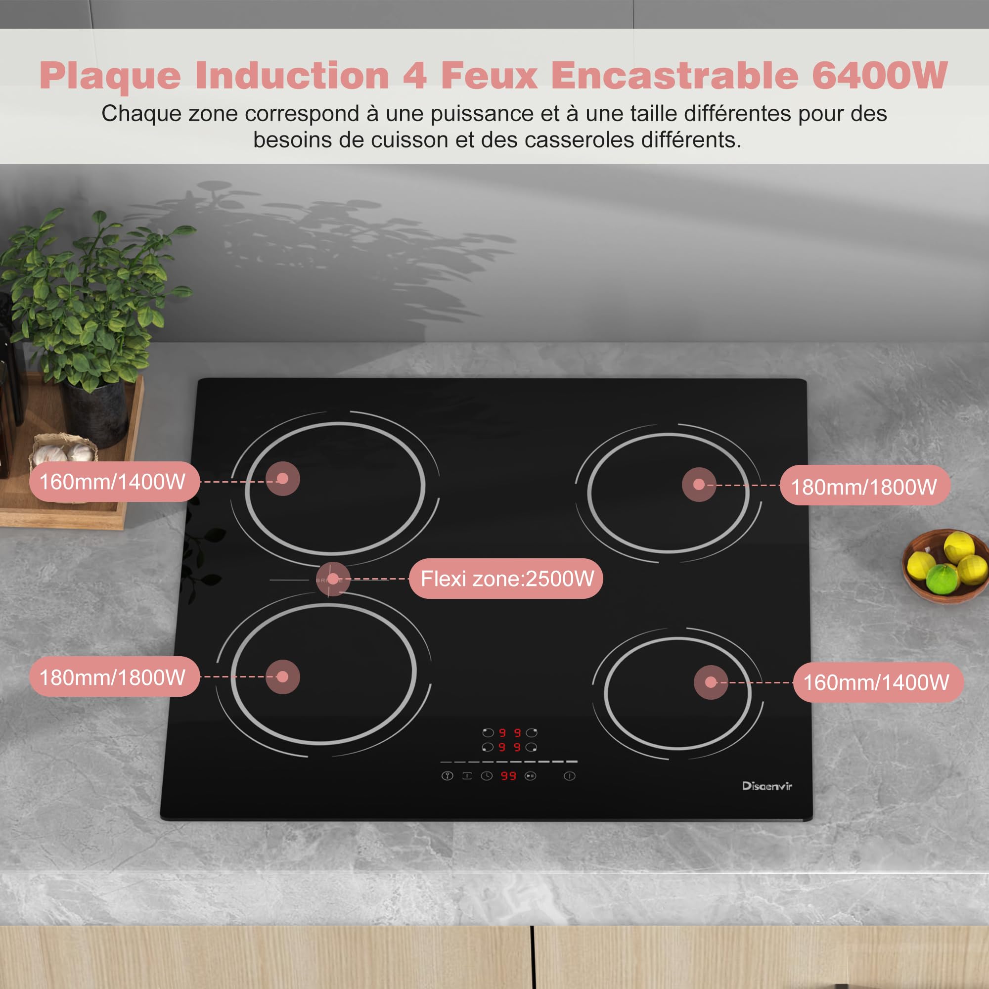 Plaque Induction 4 Feux avec Zone Flexible | Encastrable 60cm, 6400W, Curseur Tactile, Fonction Pause, 9 Niveaux, Minuterie, Verrou de Sécurité, 220V