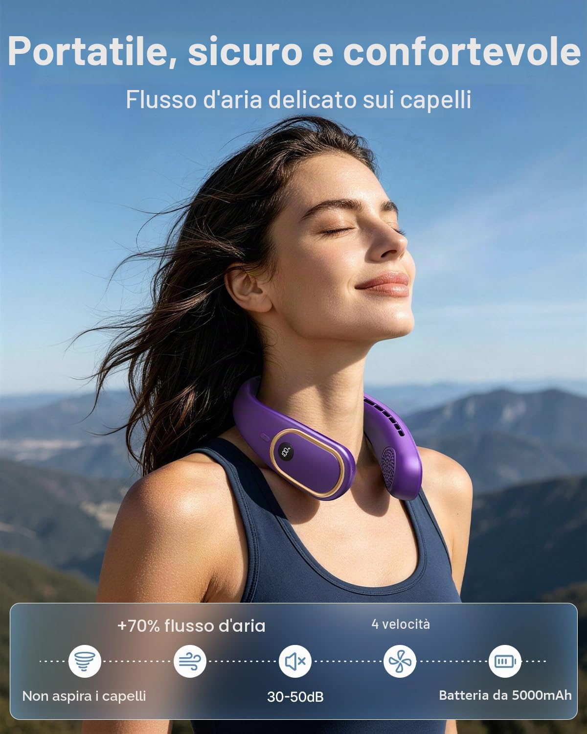 SHEWIND - Ventilatore da collo portatile - 5000mAh Ricaricabile a mani libere indossabile | 4 velocità, senza lama e display LED | Ventilatore personale di raffreddamento per viaggi, all'aperto