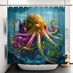 Rideau de douche d'octopus coloré 72x72 Inch Navire nautique Ocean Navy Bleu sous-marin Tentacles Kraken Rideaux de douche Mer Aventure Thème Salle de bain Décor Rideaux en tissu en polyester Set