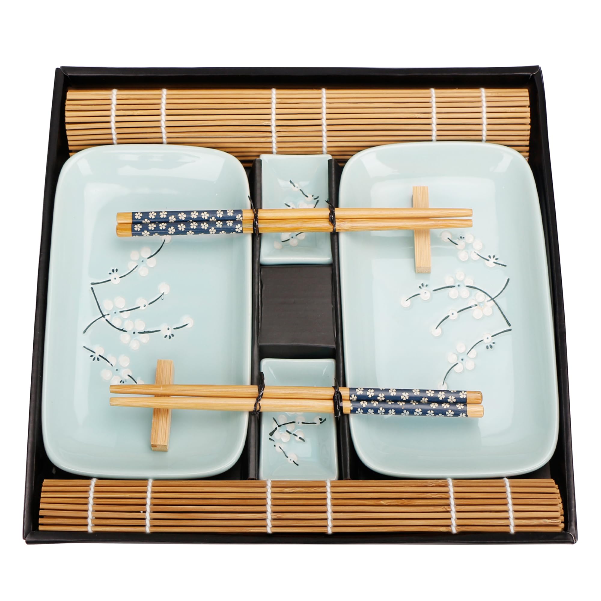 EXZACT Sushi Set 10pcs Porcelain Plates Dips Bamboo Mats Chopsticks Blue