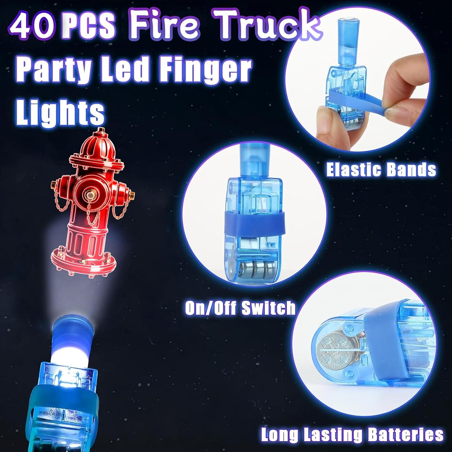 CHSLtmxq 40PCS Fire Truck Party Favors, Finger Lights Favors for Party Bags | 40Pcs fire truck finger favor set with 8 rescue vehicle designs, made for party bags, treat bags, and table displays