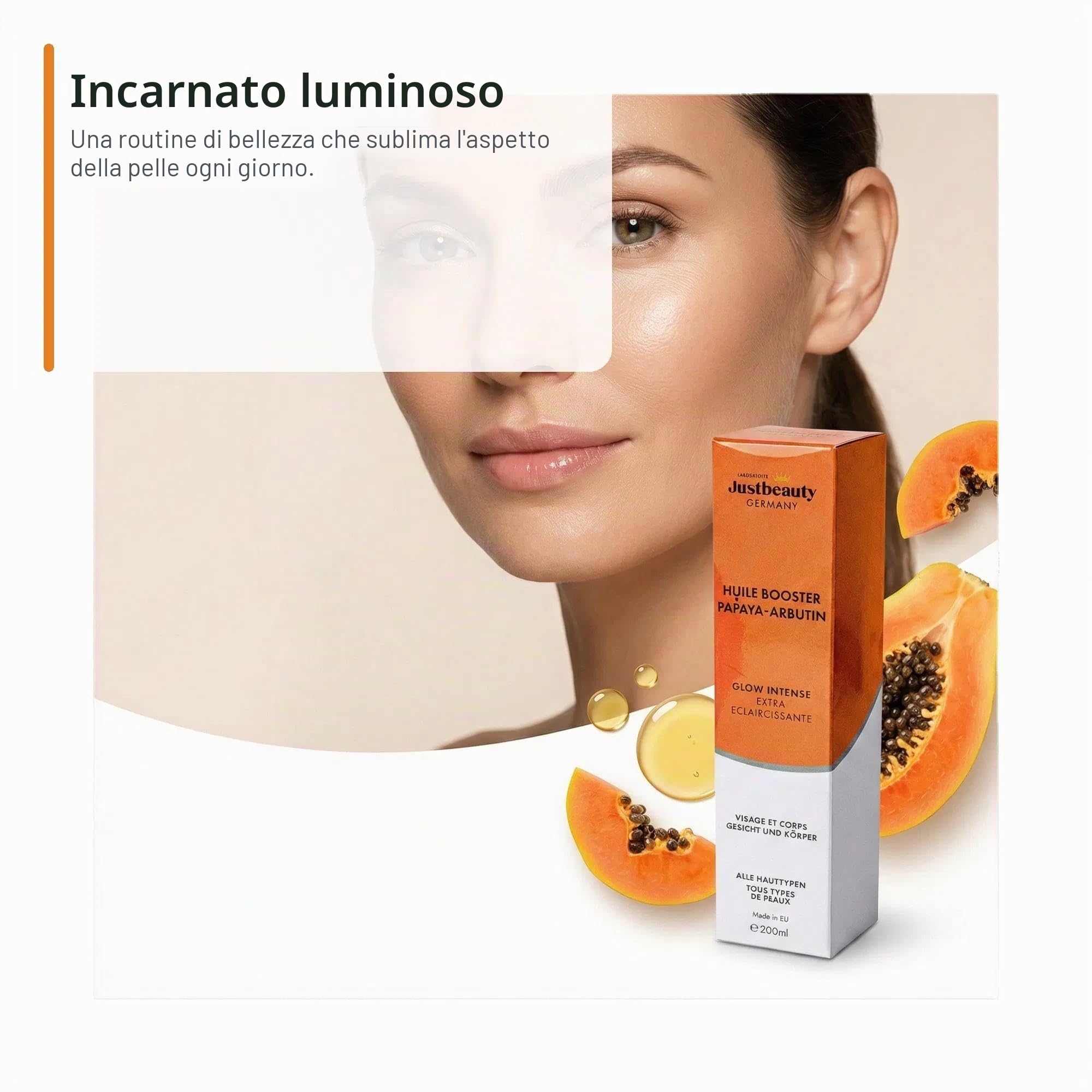 HUILE BOOSTER PERLE RARE PAPAPAYA – ARBUTIN Lussuoso olio per viso e corpo – Carnagione radiosa, idratazione intensa, contro macchie di pigmento, 200 ml