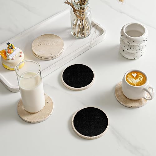 Miniatura 6 de Juego de 6 posavasos de travertino italiano, estilo rústico, neutro, estilo mármol, para decoración de mesa auxiliar, posavasos redondos porosos