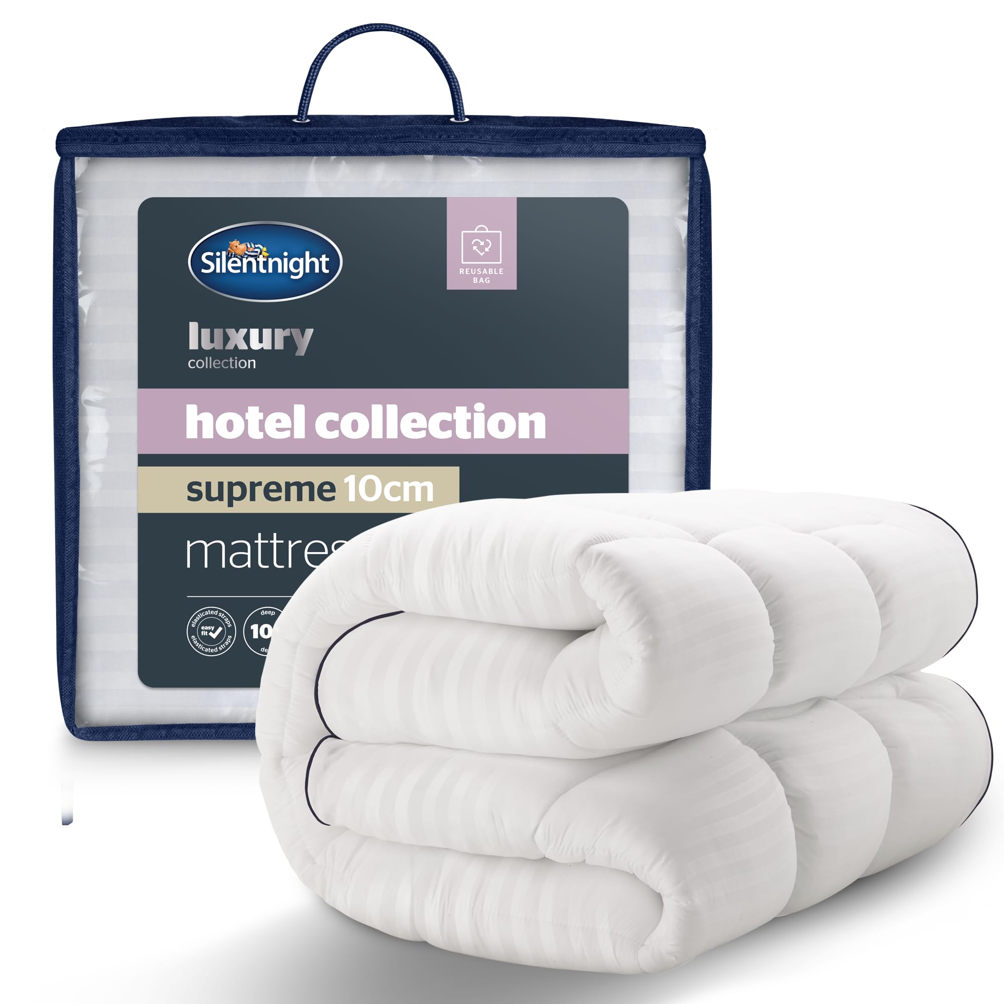 Silentnight Hotel Collection Supreme Mattress Topper - 10cm Thick Deep for Comfort - Filled with Finest Fibres to Rejuvenate Your Bed - Soft Quilted Embossed Cover & Box-Stitched Edge, Double