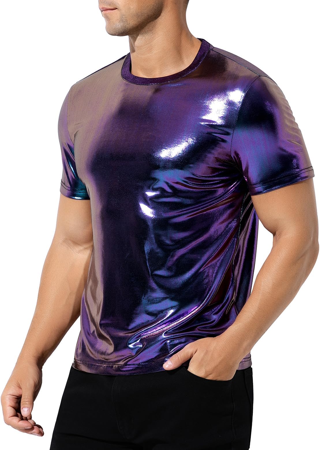 Mens Metallic T-Shirts 70s Disco Outfits for Mens Holographic Short Sleeve Shiny Tops