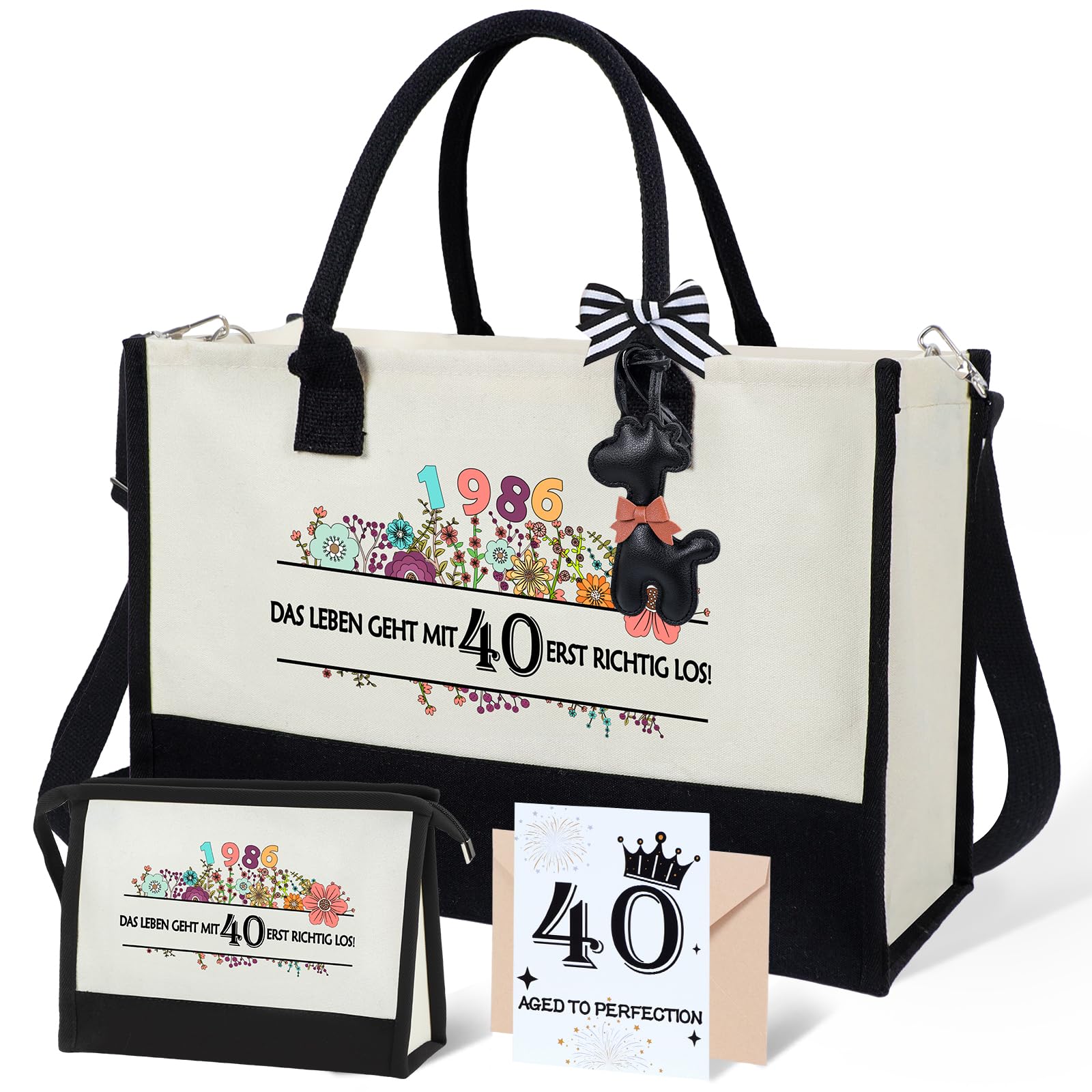 Seutgjie Geschenke zum 40 Geburtstag Frau Vintage 1986 Canvas Einkaufstasche Tragetasche Kosmetiktasche Set mit Glückwunschkarte 40. Geburtstagsgeschenk für Frauen Freundin Kollegin Tochter Schwester | Geburtsjahr, Reh-Anhänger, Originaldesign, Glückwunschkarte