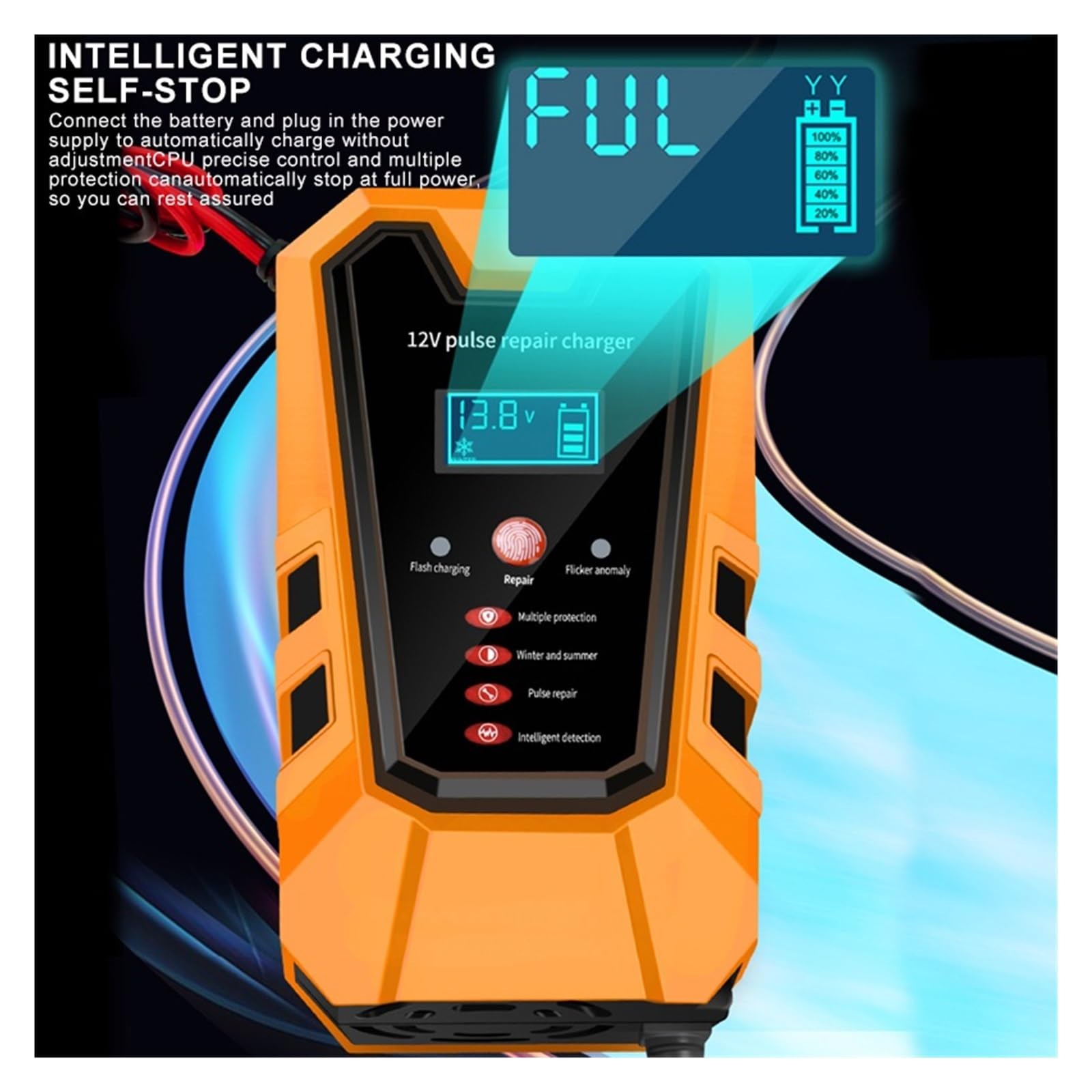 6A 12V Chargeurs De Batterie Voiture Intelligents Réparation D'impulsions Démarrage Au Plomb Sec Humide for Les Voitures Moto Charge De PréCision(Orange)